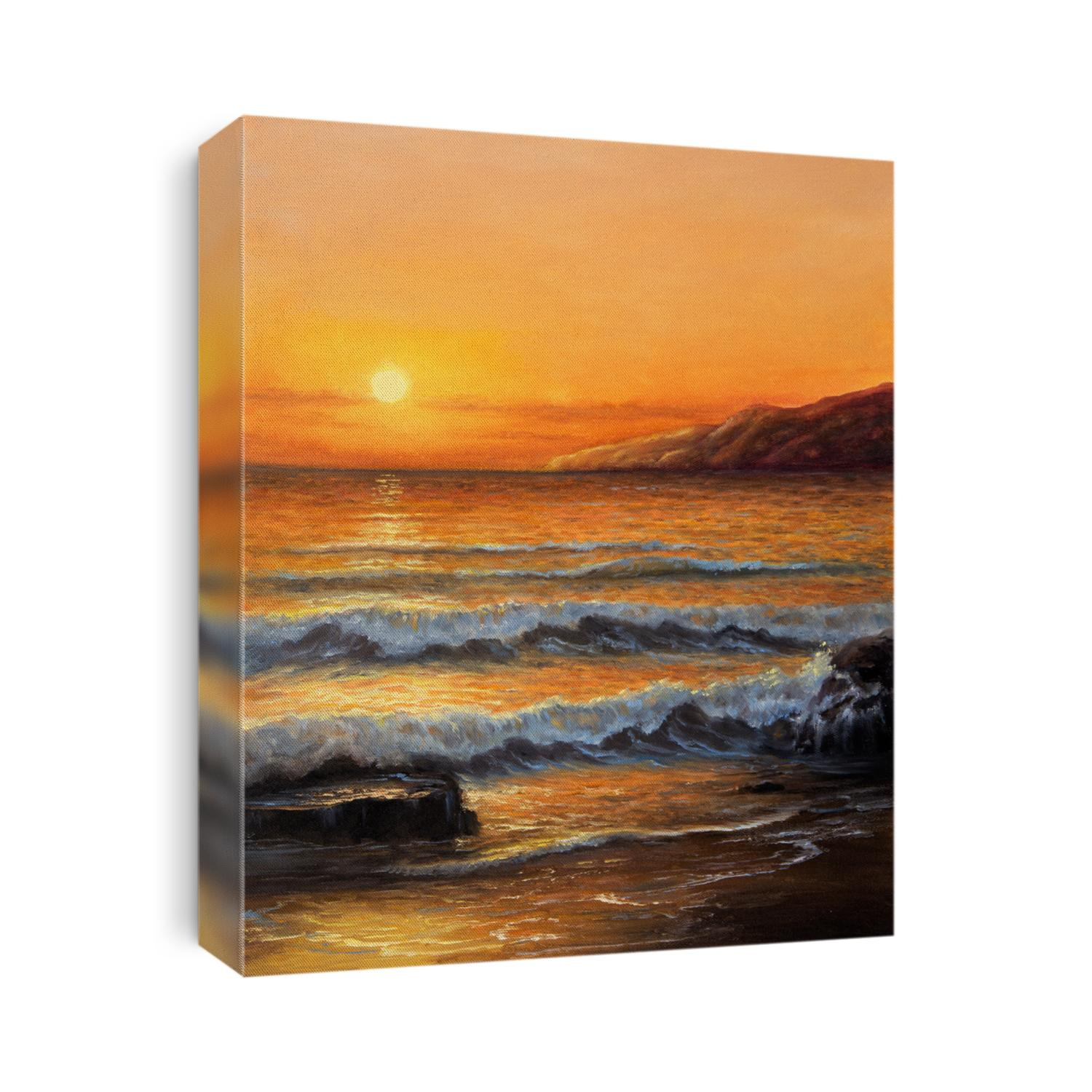 Original oil painting of beautiful golden sunset over ocean beach on canvas.Modern Impressionism, modernism,marinism