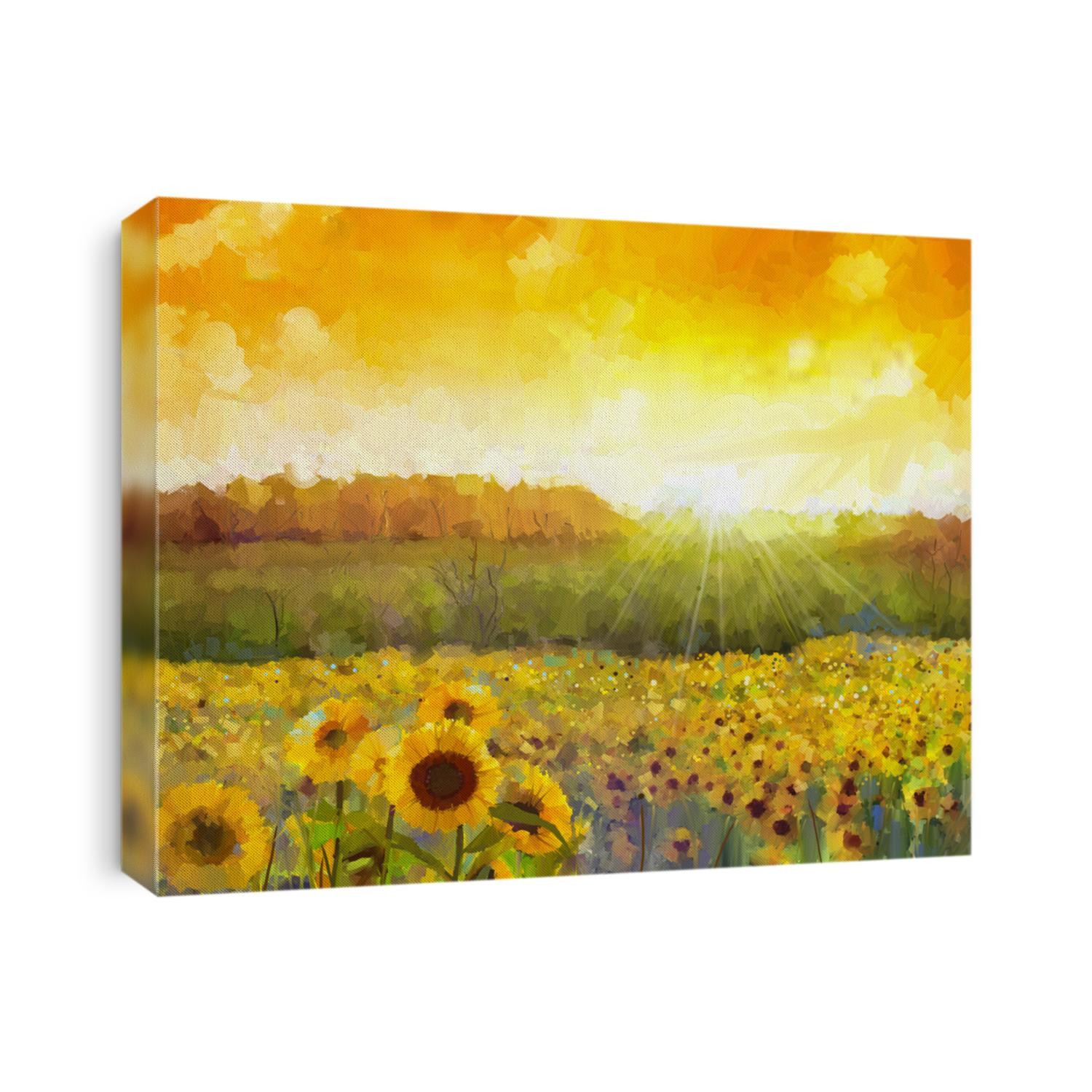 Sunflower flower blossom.Oil painting of a rural sunset landscape with a golden sunflower field. Warm light of the sunset and hill color in orange at the background. 