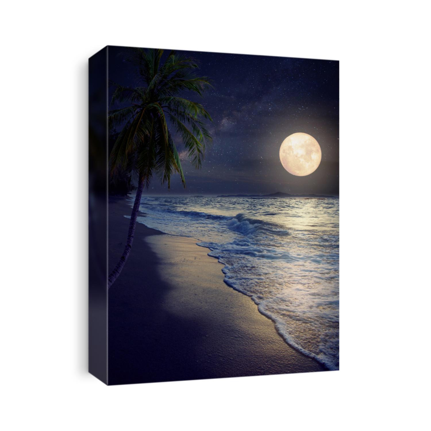 Beautiful fantasy tropical beach with Milky Way star in night skies, full moon - Retro style artwork with vintage color tone (Elements of this moon image furnished by NASA)