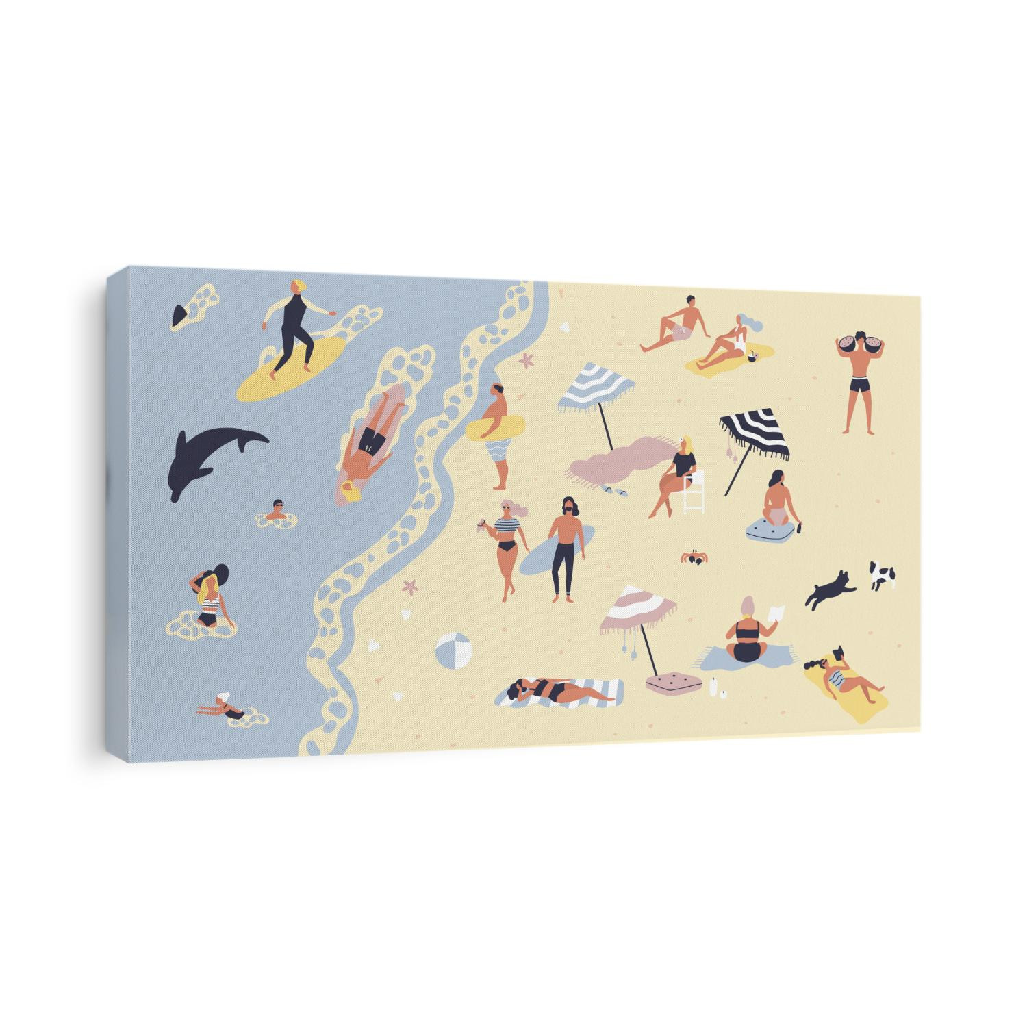 People at beach or seashore relaxing and performing leisure outdoor activities - sunbathing, reading books, talking, walking, surfing, swimming in sea or ocean. Flat cartoon vector illustration.