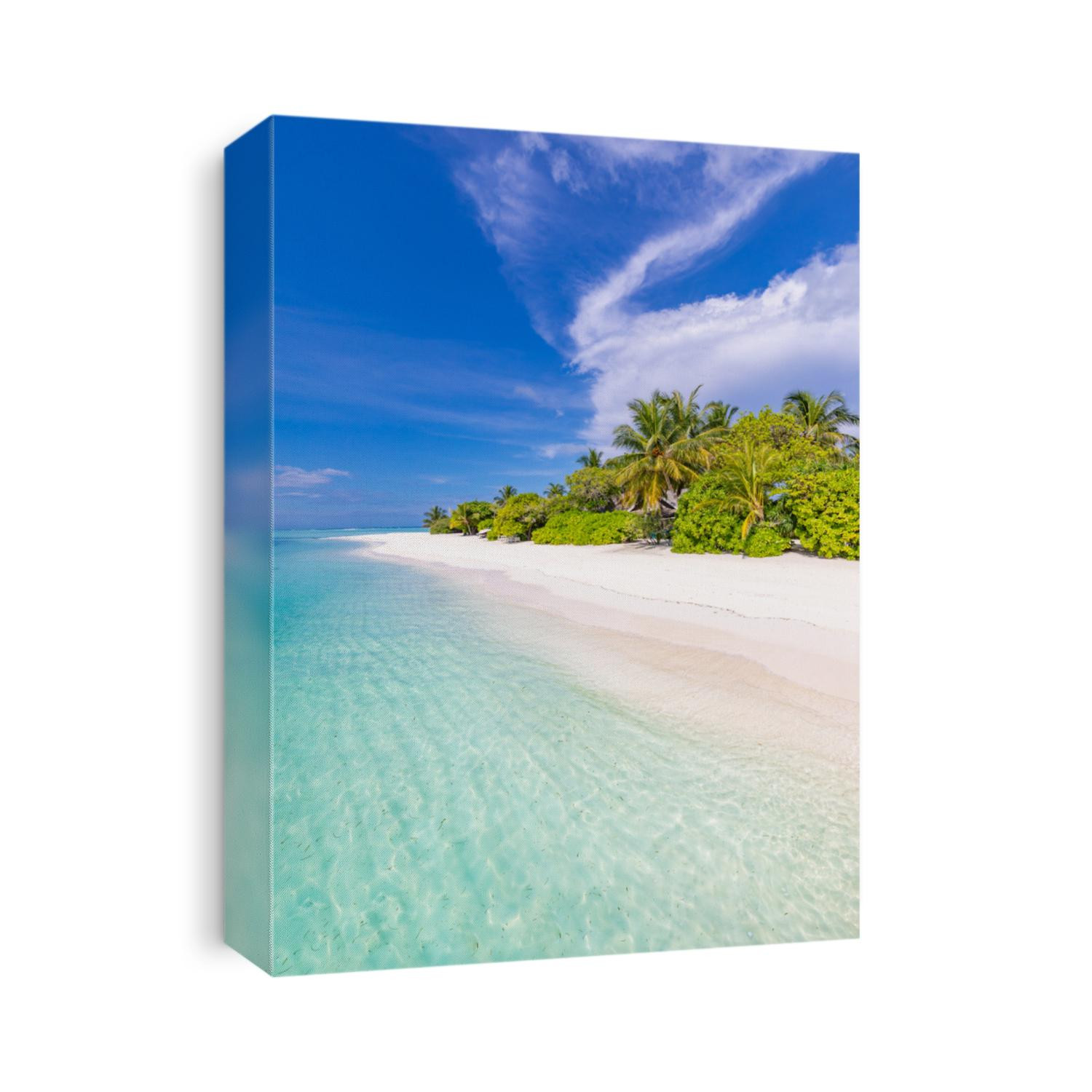 Exotic island landscape. Vertical beach banner for summer holiday and vacation, travel tourism concept with blue sky, white sand, palm trees, idyllic mood.Best tropical beach for wallpaper, background