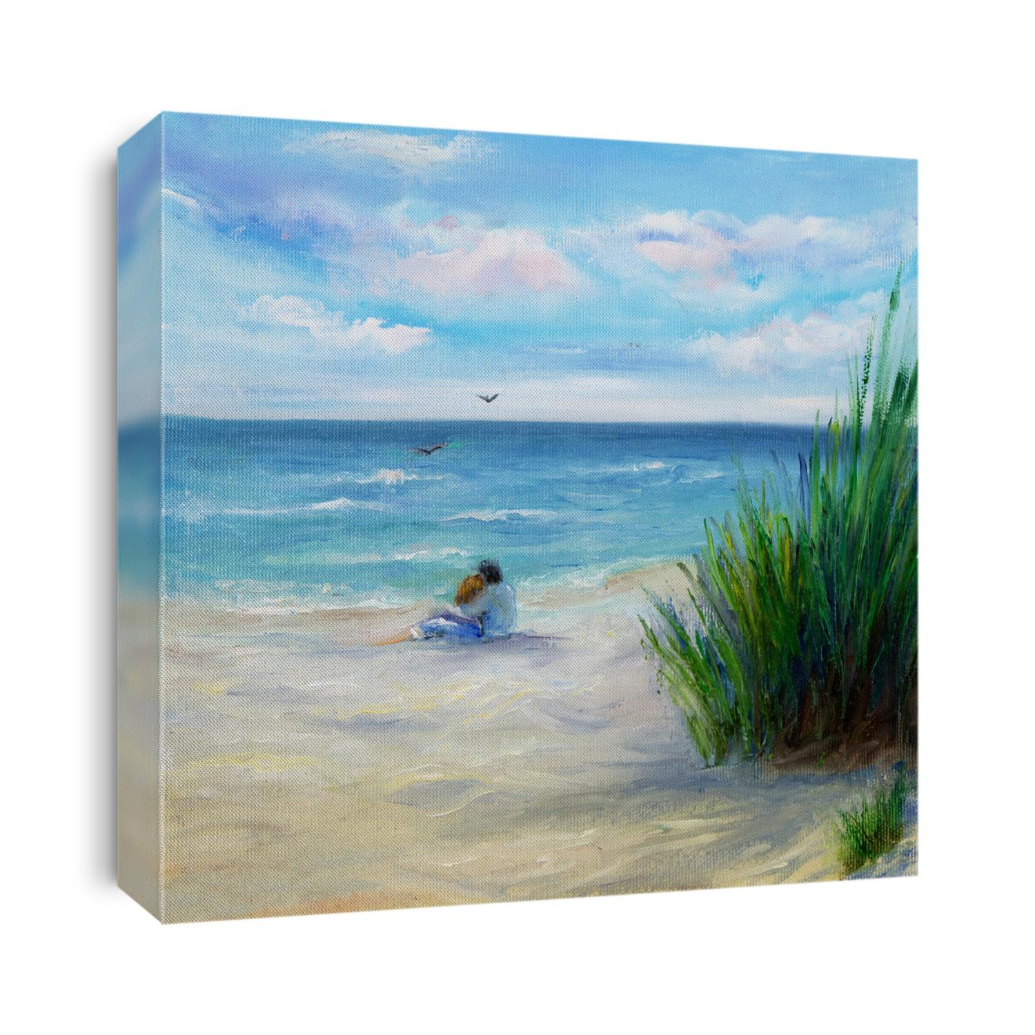 Original oil painting showing couple in love sitting on the beach and looking at  ocean or sea on canvas. Modern Impressionism, modernism,marinism