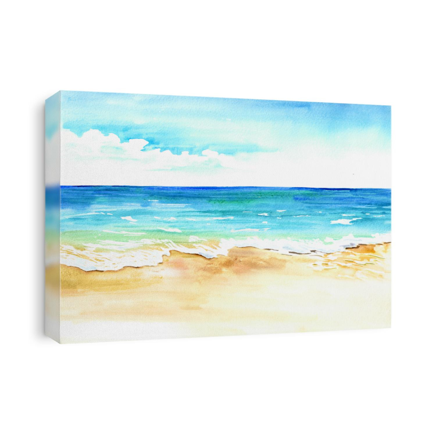 Summer tropical beach with golden sand and wave. Hand drawn watercolor illustration