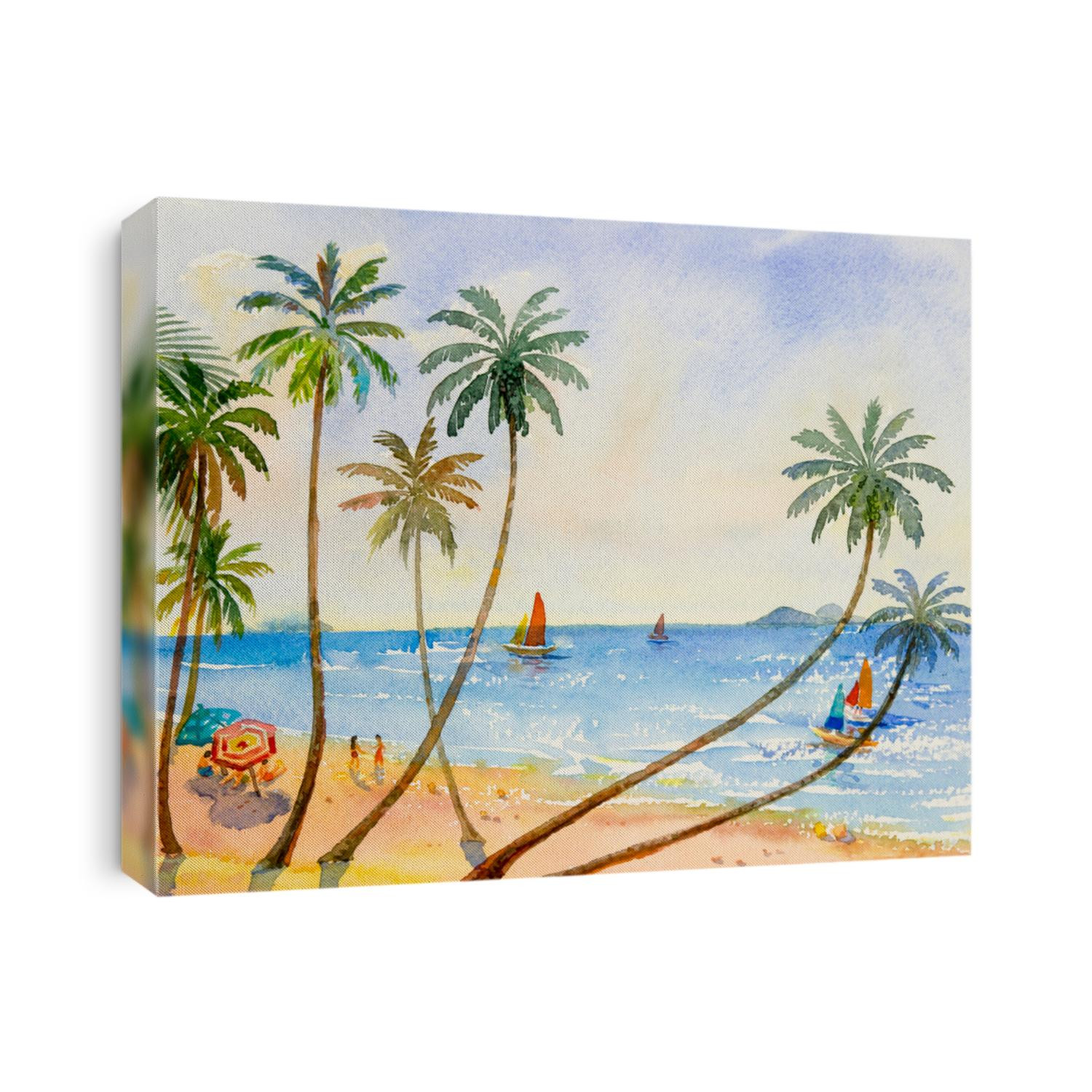 Painting watercolor seascape colorful of lovers, family vacation and tourism in summery, multi colored umbrella, coconut tree sea wave blue background. Painted Impressionist image illustration.