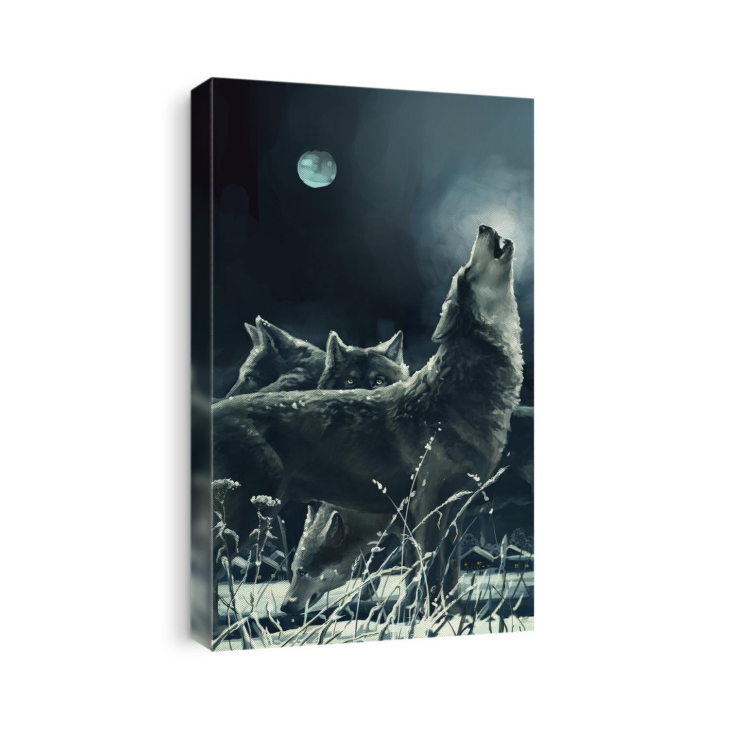 Flock of wolves at night, the leader howls to the moon. Digital paint.