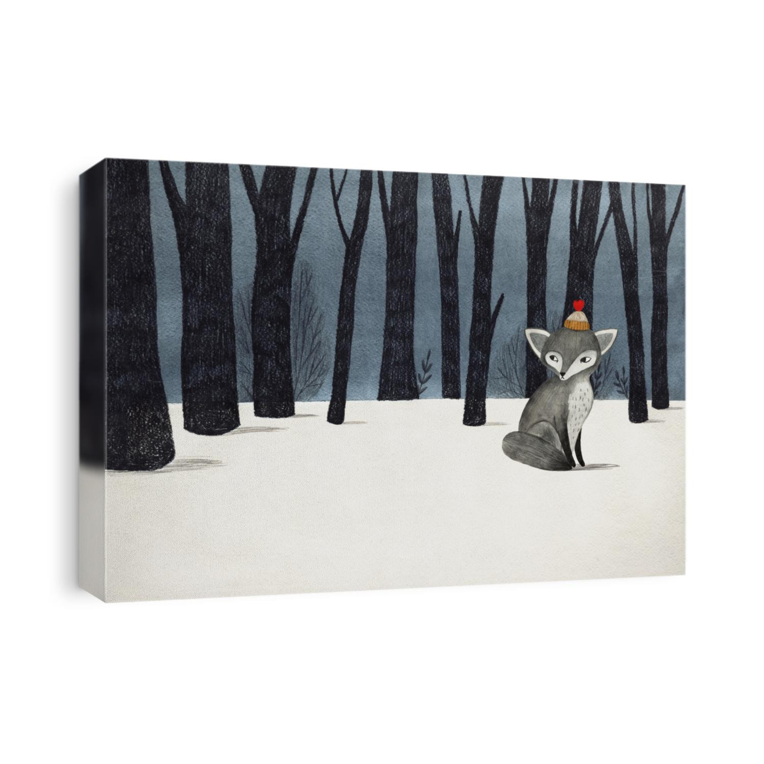 gray wolf (fox) in a winter forest - pencil and watercolor drawing