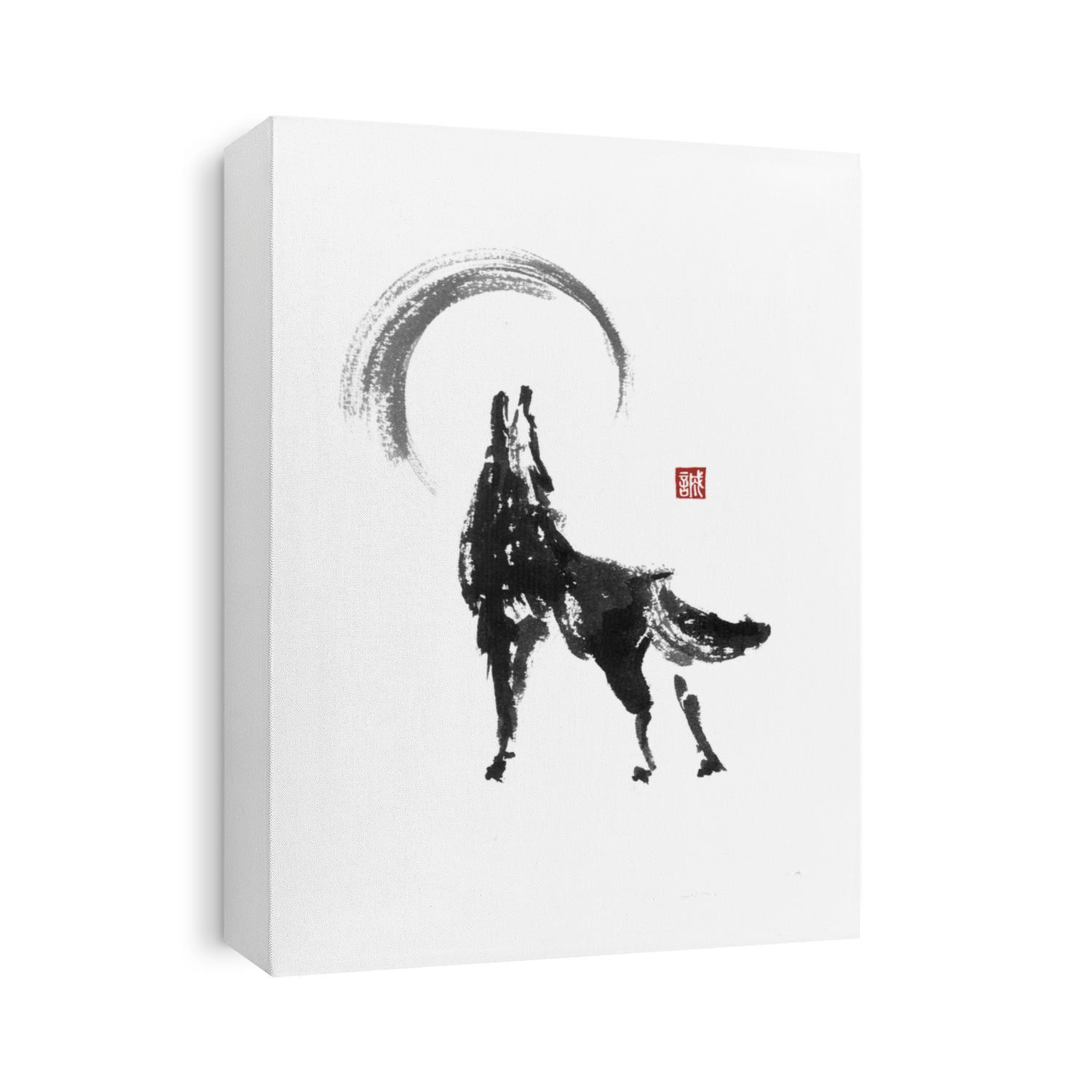 Howling wolf Japanese style original sumi-e ink painting. Hieroglyph featured means sincerity. Great for greeting cards or texture design.