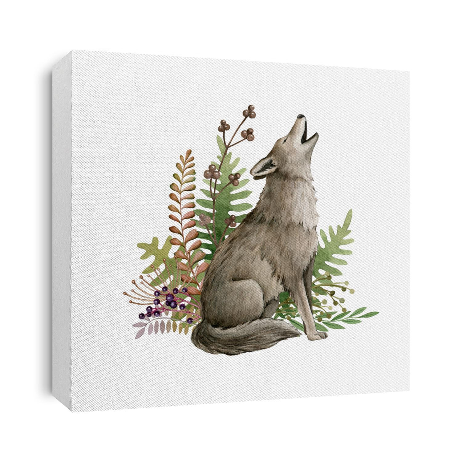 Wolf animal and forest herbs. Watercolor illustration. Wild howling wolf. Floral arrangement decor. Furry grey animal in wild forest herbs, fern, berries. Side view forest animal decoration