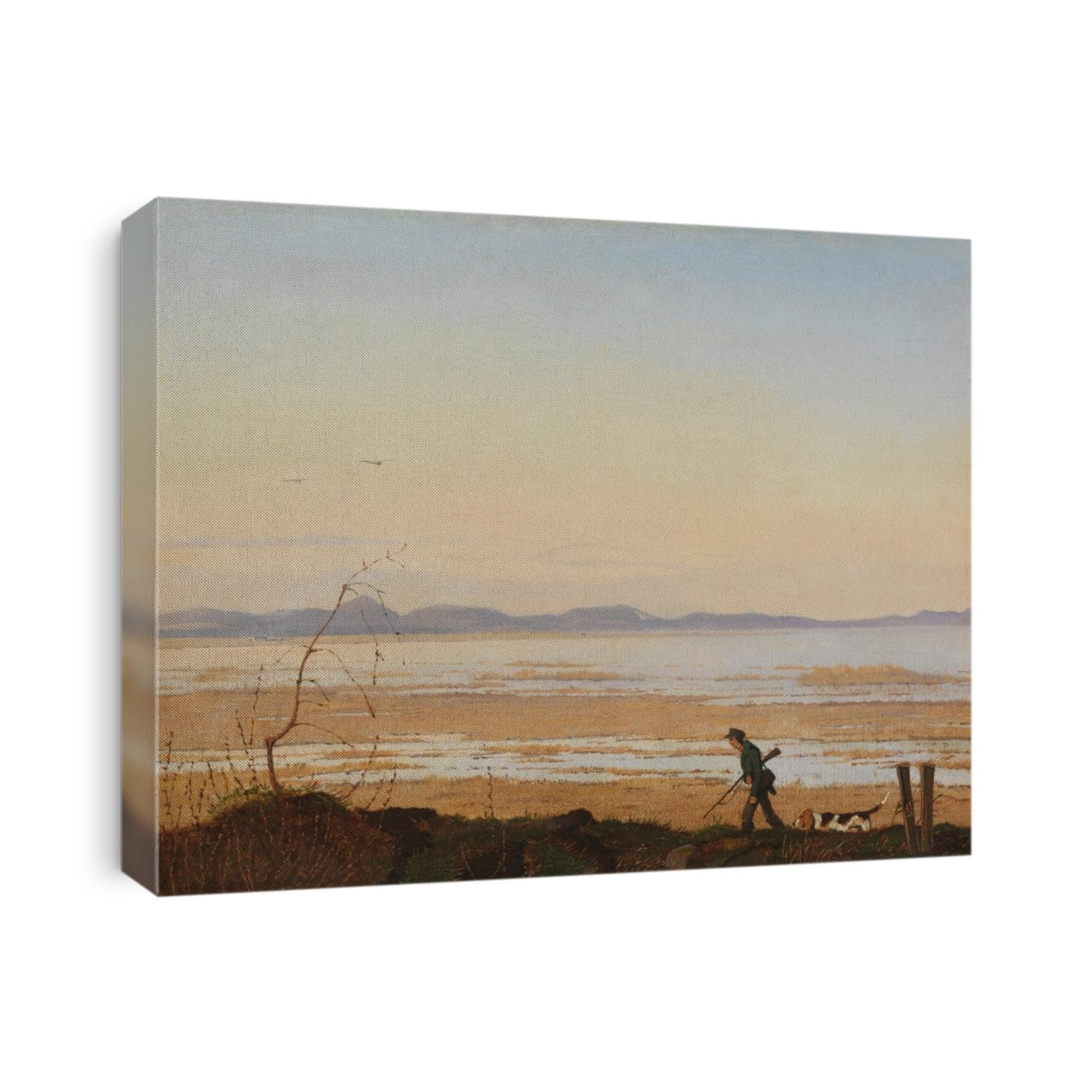 AN EVENING BESIDE LAKE ARRESO, by Johan Thomas Lundbye, 1837, Danish painting, oil on canvas. Landscape of Frederiksvaerk, which lies between Denmark\x90s largest lake, Aresso, and the sea