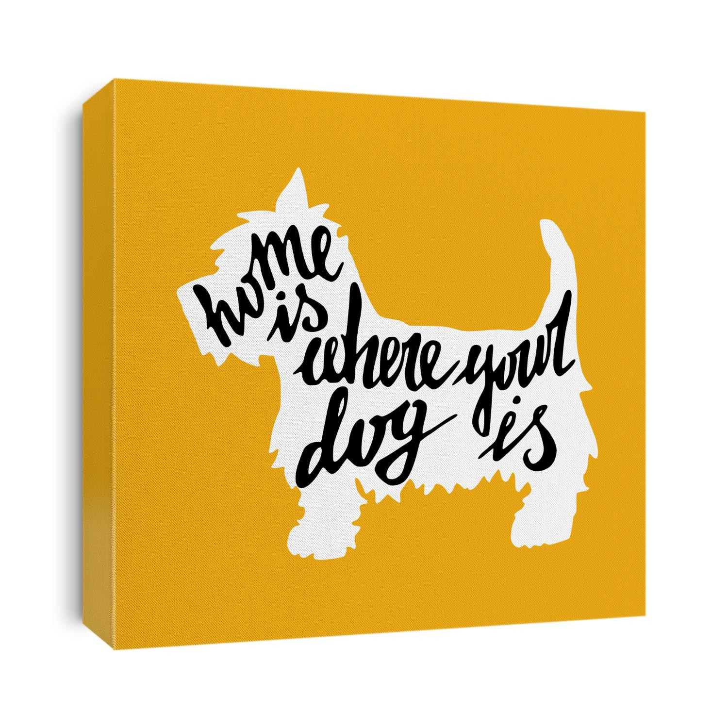 Hand drawn typography poster with silhouette and phrase in it. 'Home Is Where Your Dog Is' hand lettering quote.