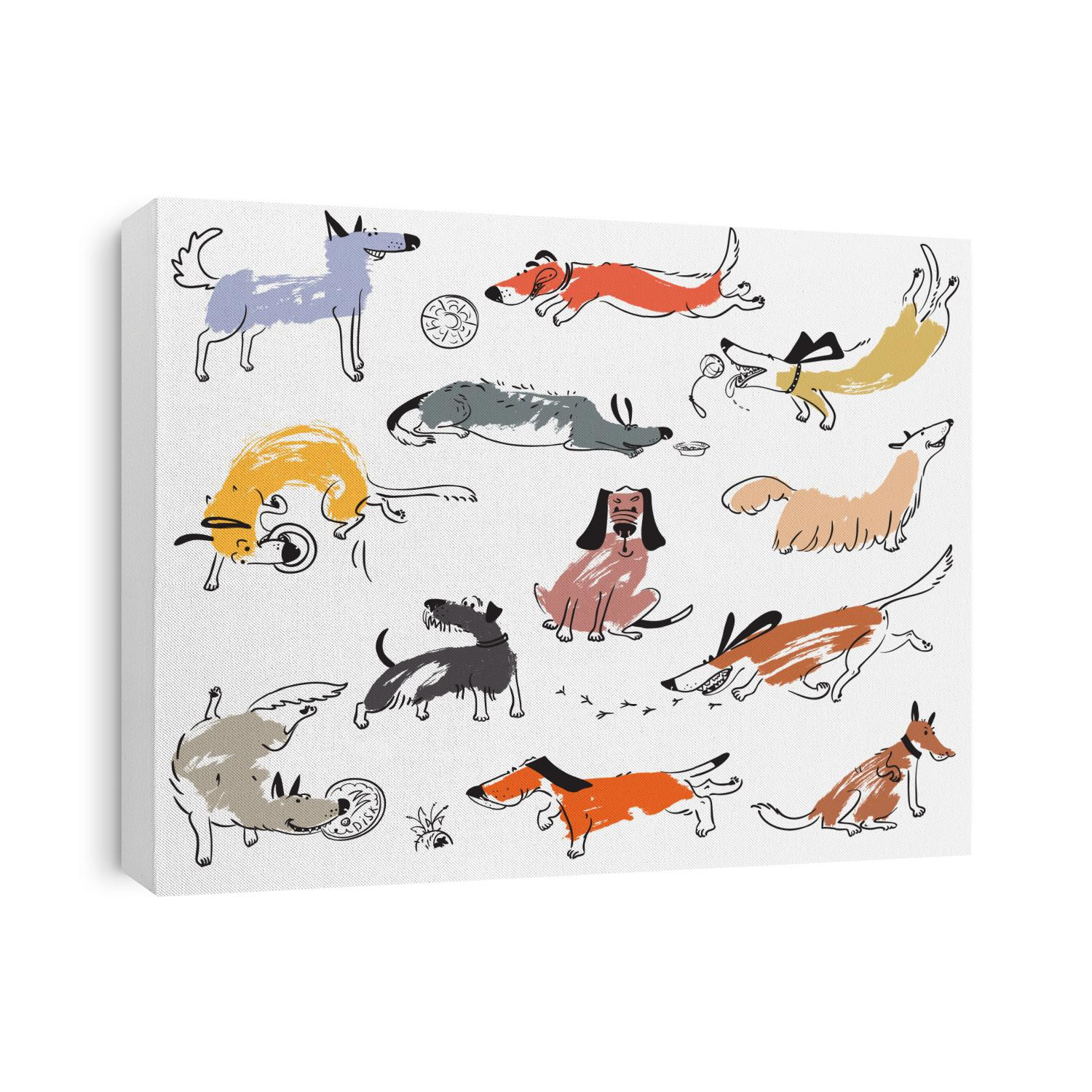 Hand drawn doodle cute dogs. Illustration set with playing pets with disk, ball, sniffing, tracking. Artistic canine vector characters