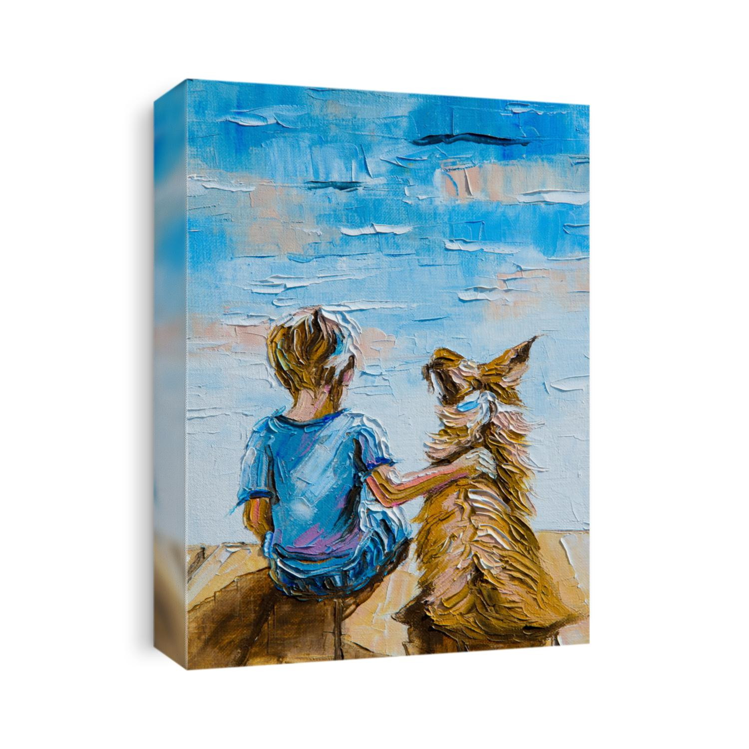 Texture, pattern, canvas painted in oils. The painting is painted a boy with a dog sitting on the shore of the lake