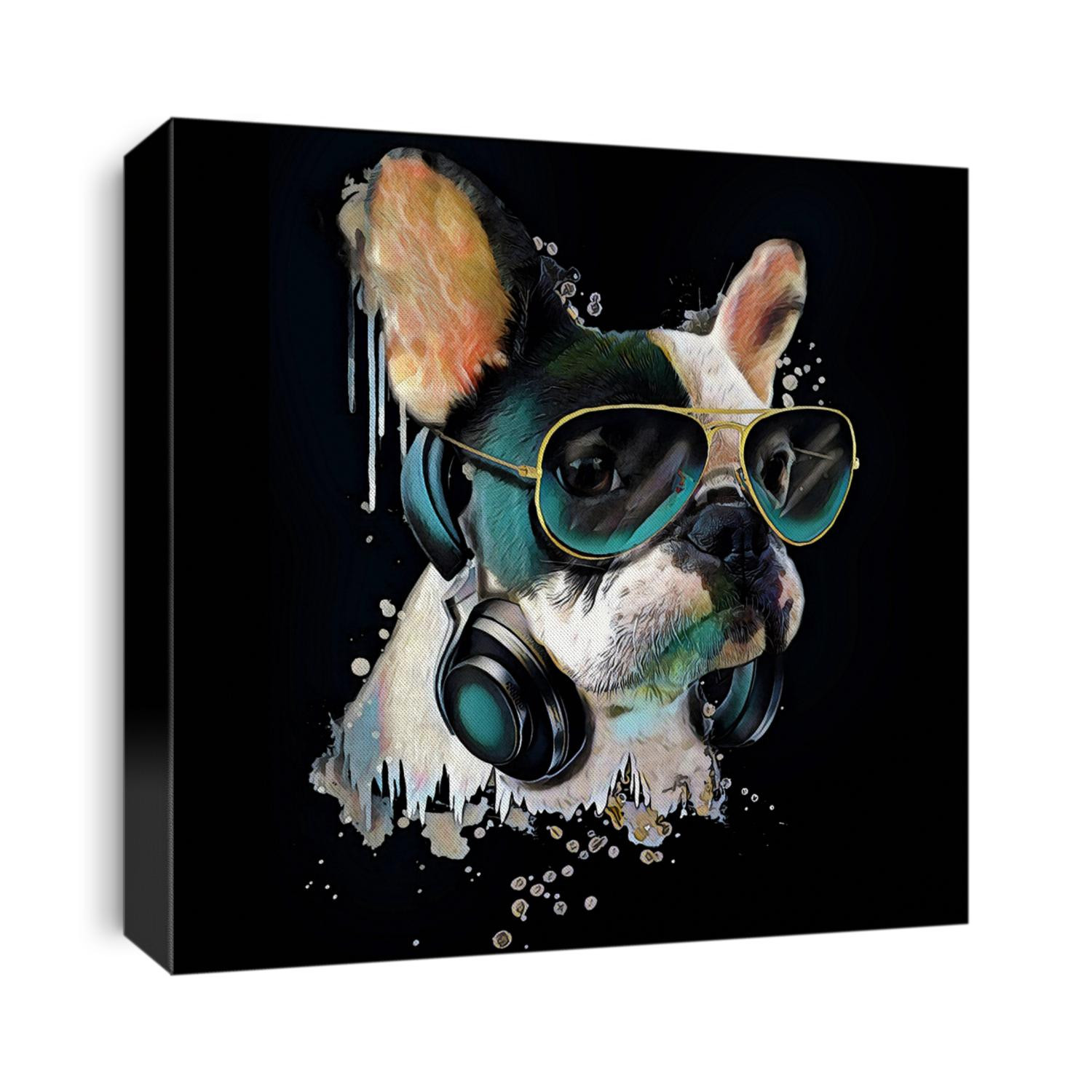 French bulldog watercolor portrait with a headphones.Dog listening to music.Graphic design for t shirt.