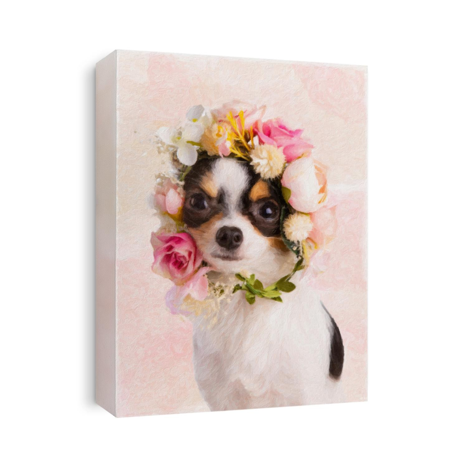 Painting of a young Chihuahua with a wreath of white and pink flowers on a white background