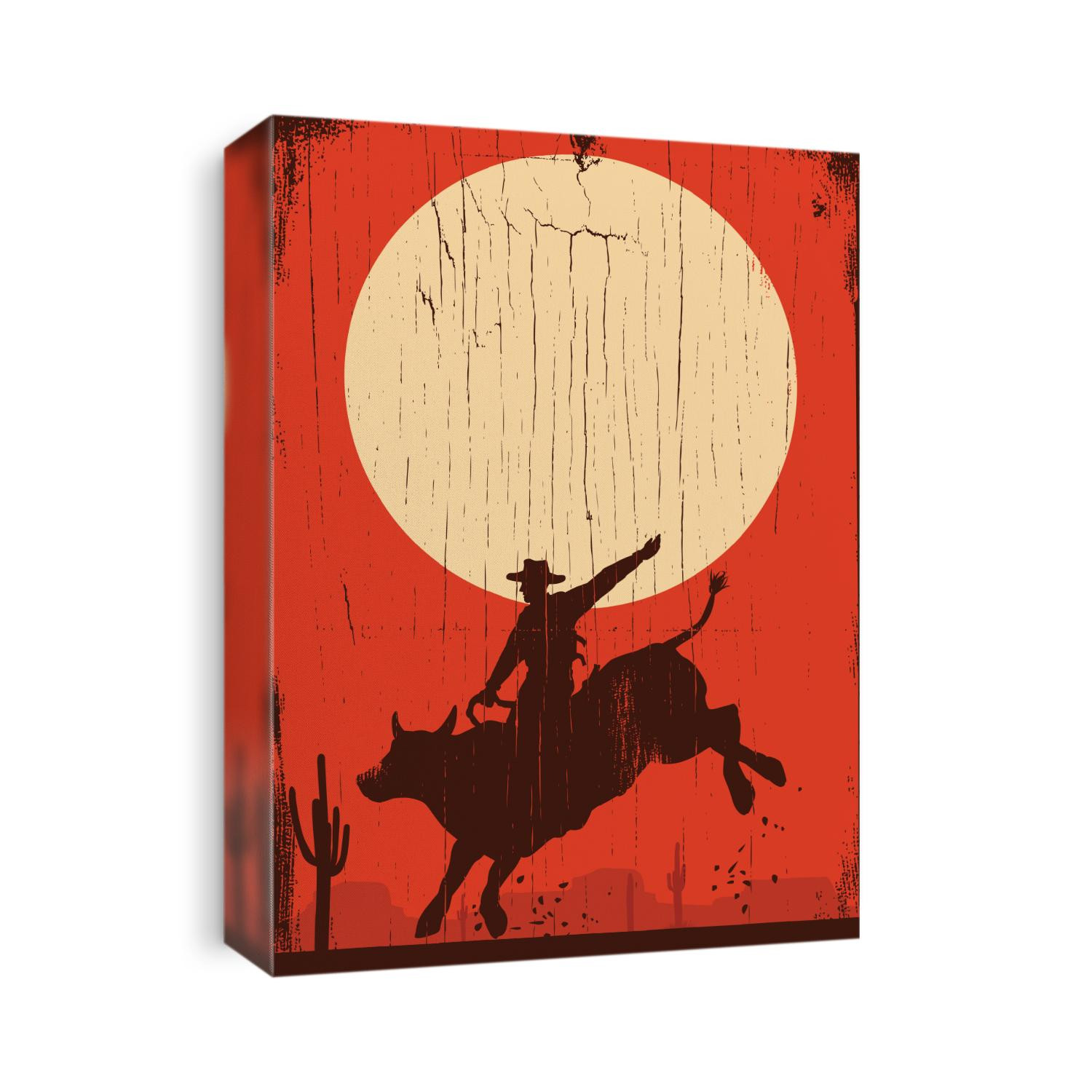 Silhouette of a cowboy riding bull at sunset on a wooden sign, vector