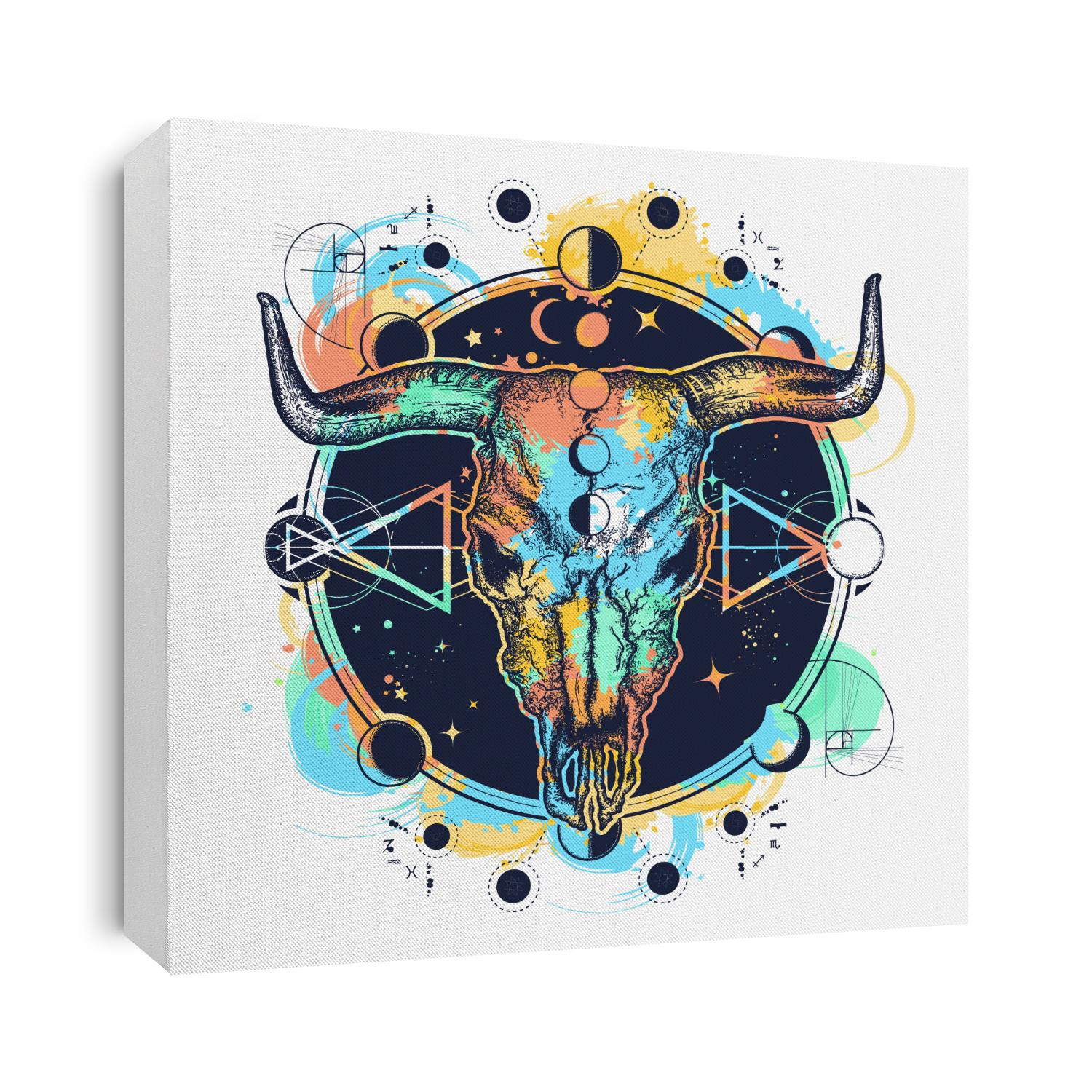Bison skull tattoo watercolor splashes style. Native American bull skull symbol of secret knowledge, Shamanism. Soul of prairies against background of the Universe t-shirt design