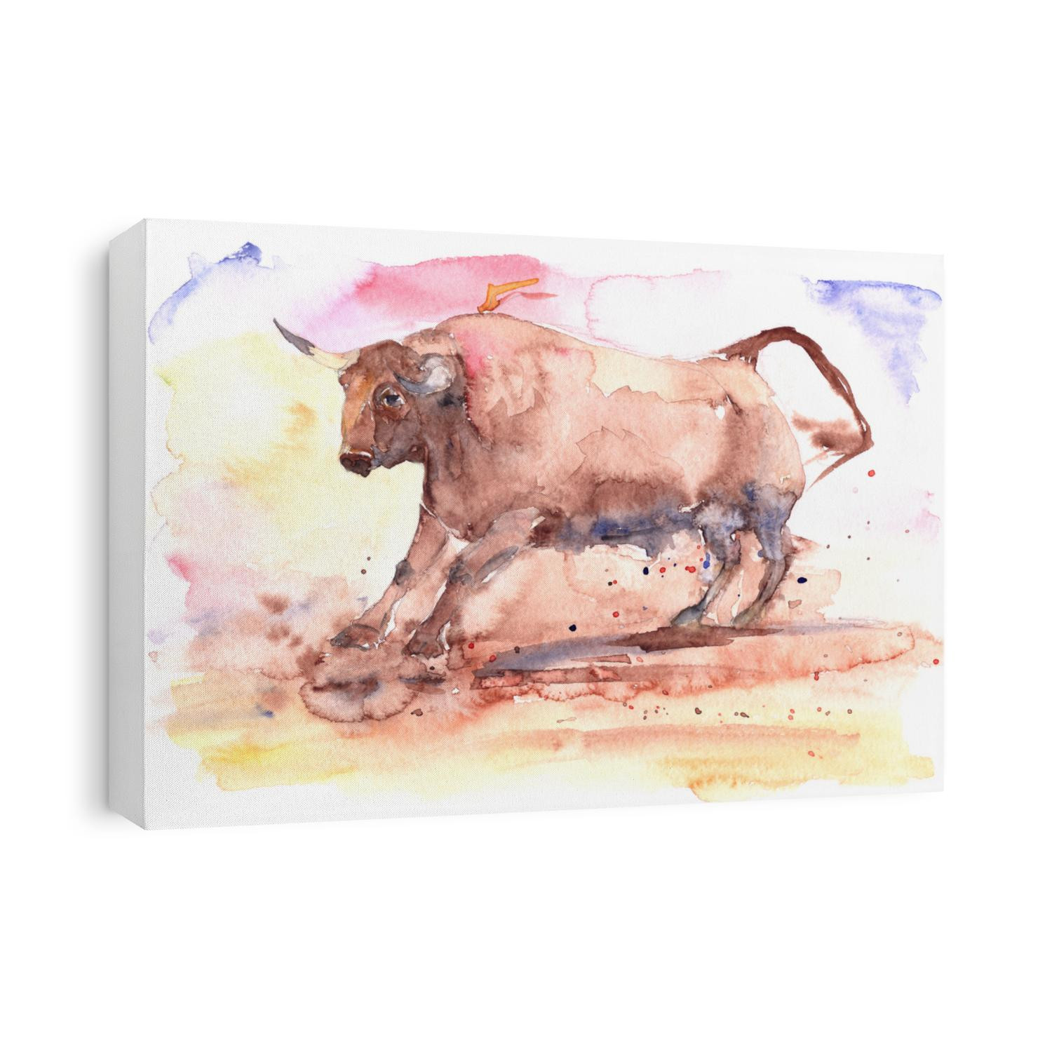a spanish bull digs a hoofed ground in an arena during a bullfight in Spain, a watercolor drawing, 2021 symbol