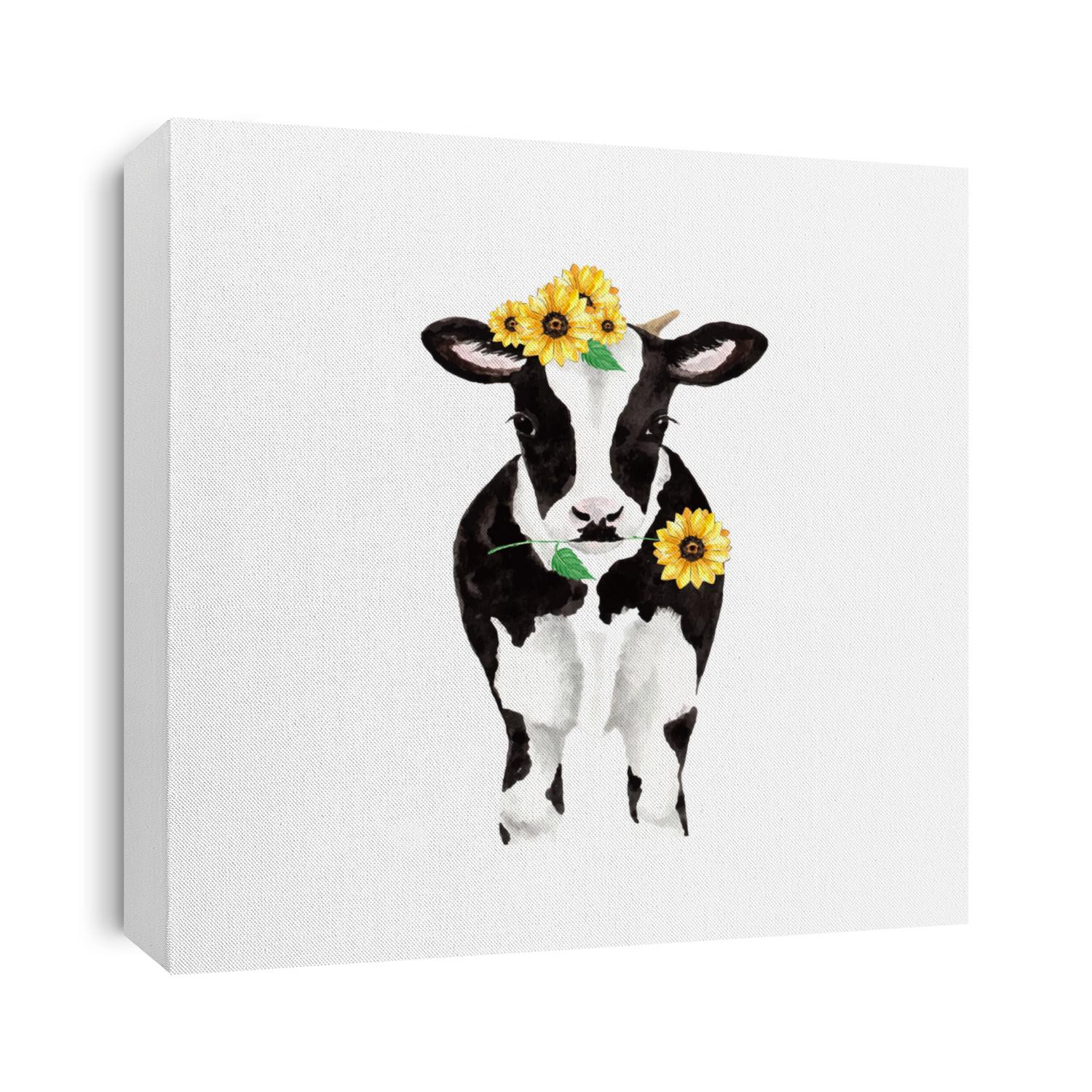Watercolor painting of ornate cow in sunflowers wreath on white background
