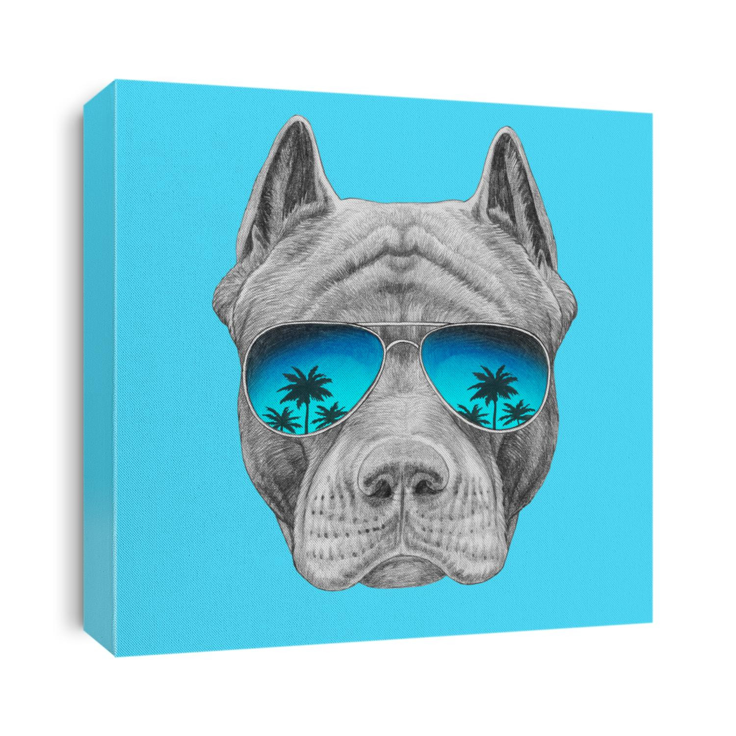 Portrait of Pit Bull with mirrored sunglasses. Hand-drawn illustration.
