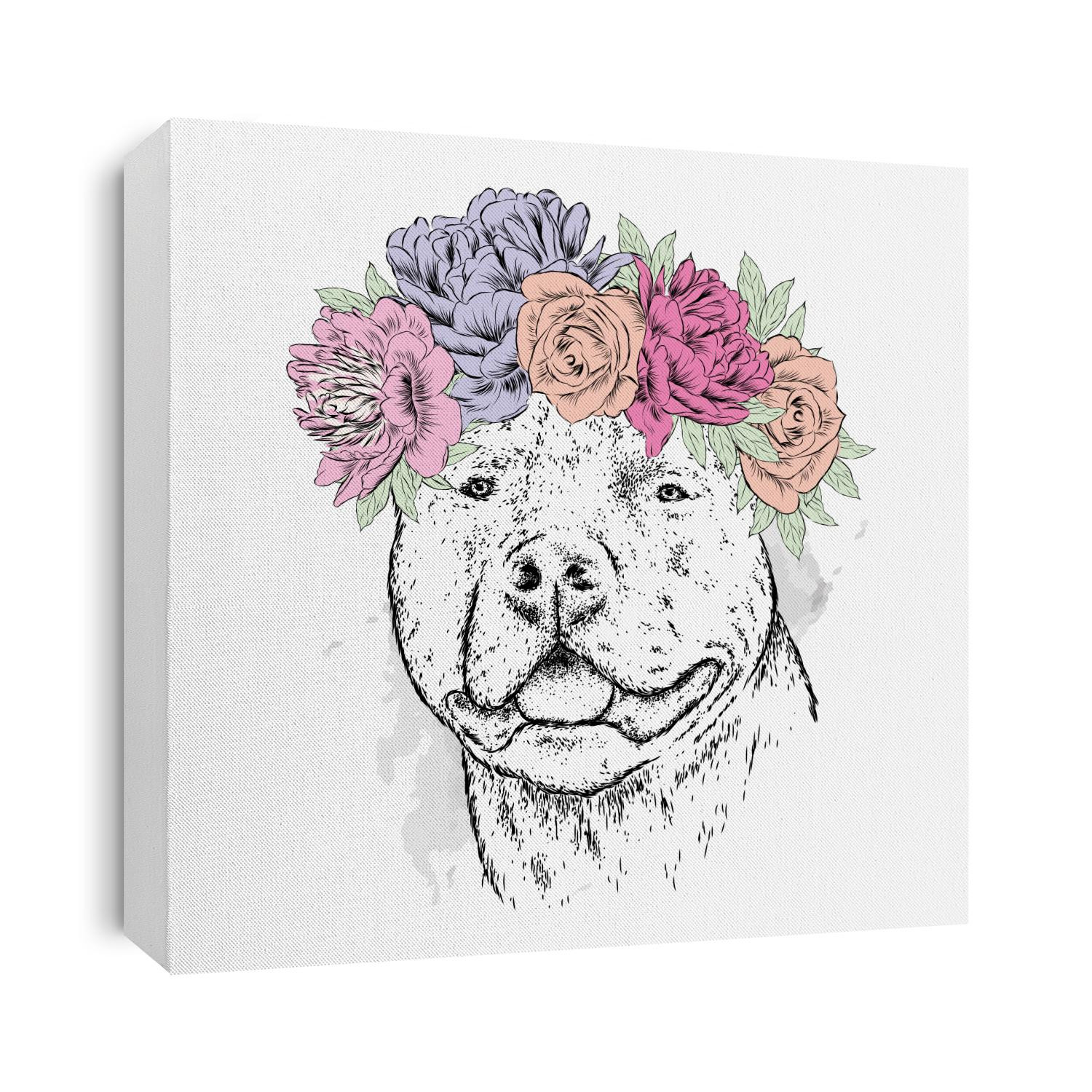 A pedigreed dog in a wreath of flowers. Pitbull. Vector illustration.
