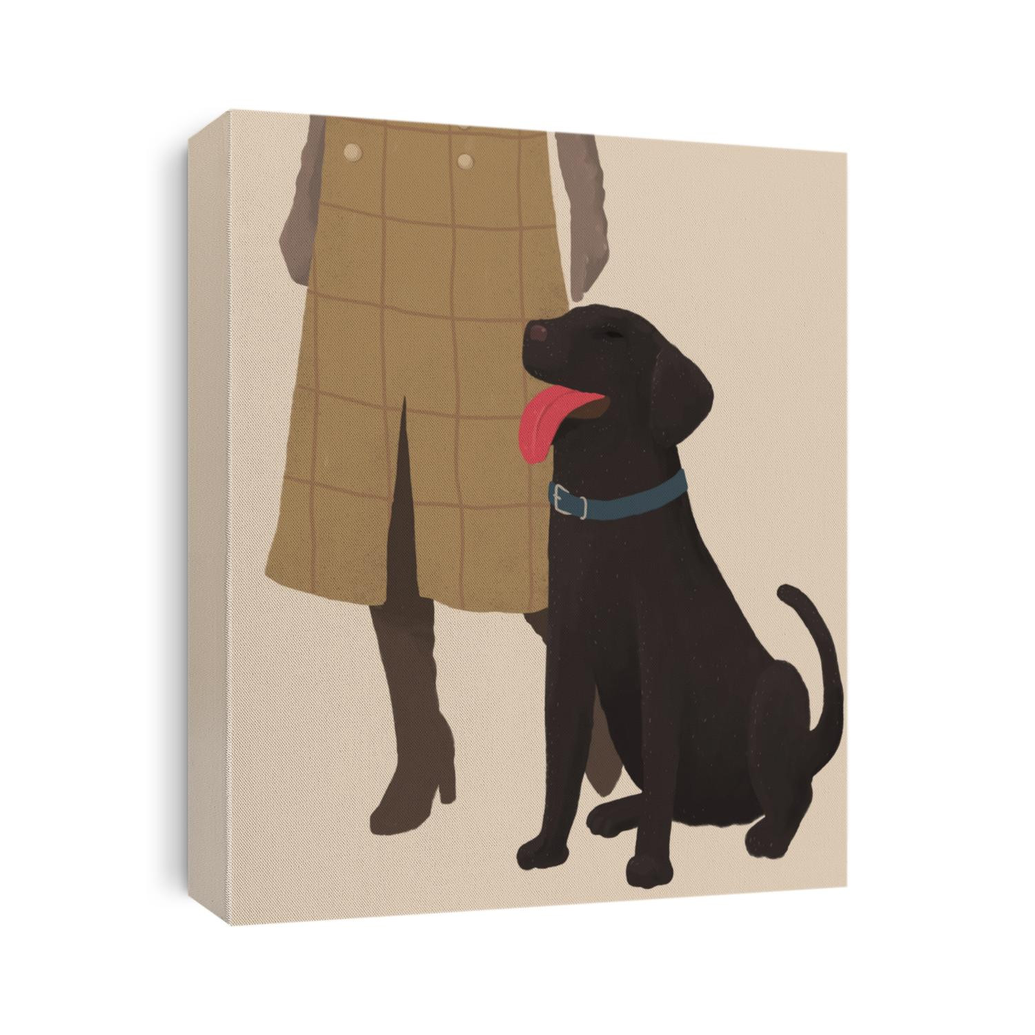 Woman walk with smile black labrador dog, high fashion style brown earth tone color theme, rough chalk color painting style