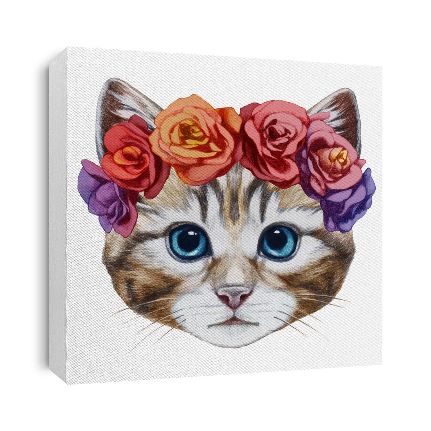 Portrait of Cat with  floral head wreath. Hand-drawn illustration, digitally colored.