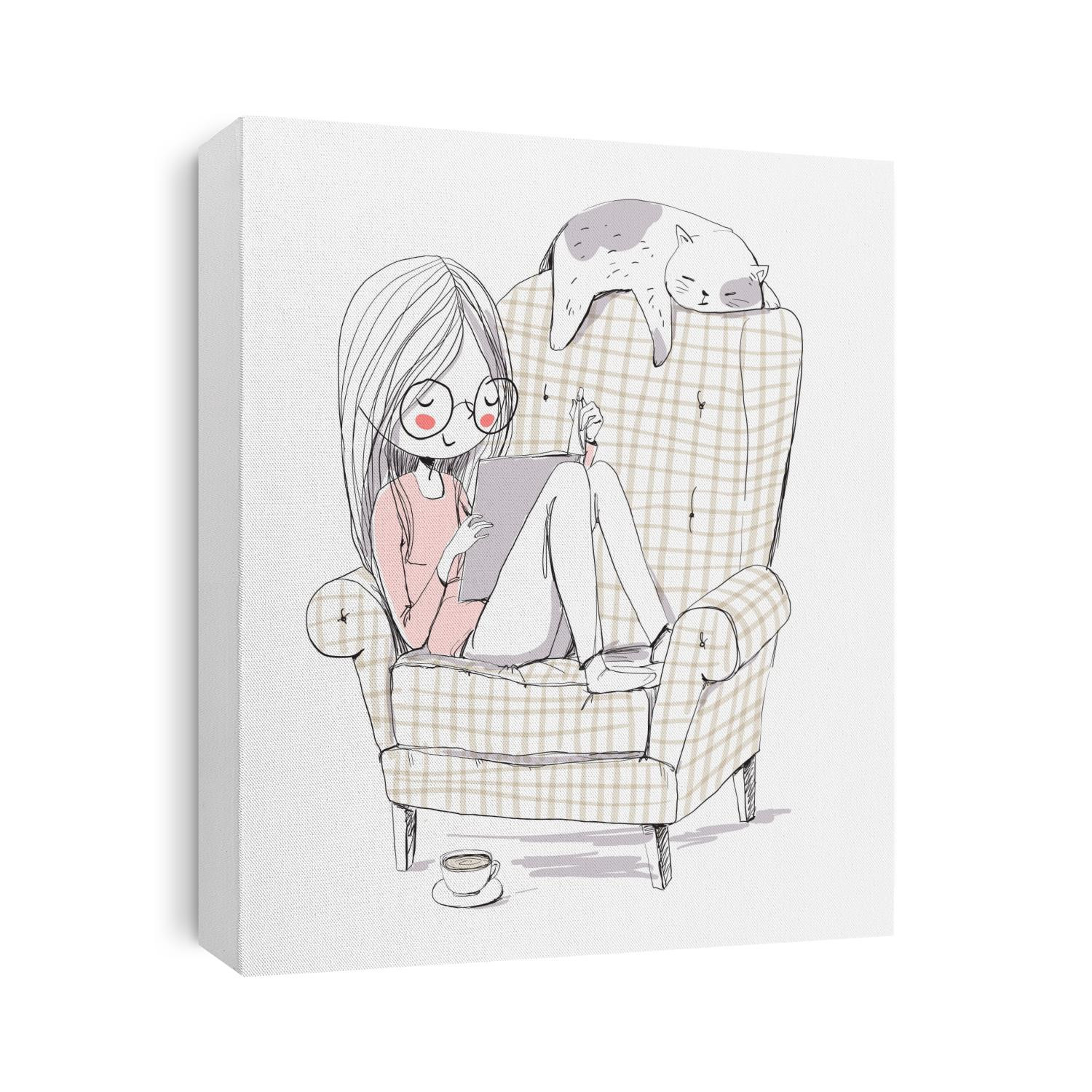 Girl reading a book in an armchair with a cat
