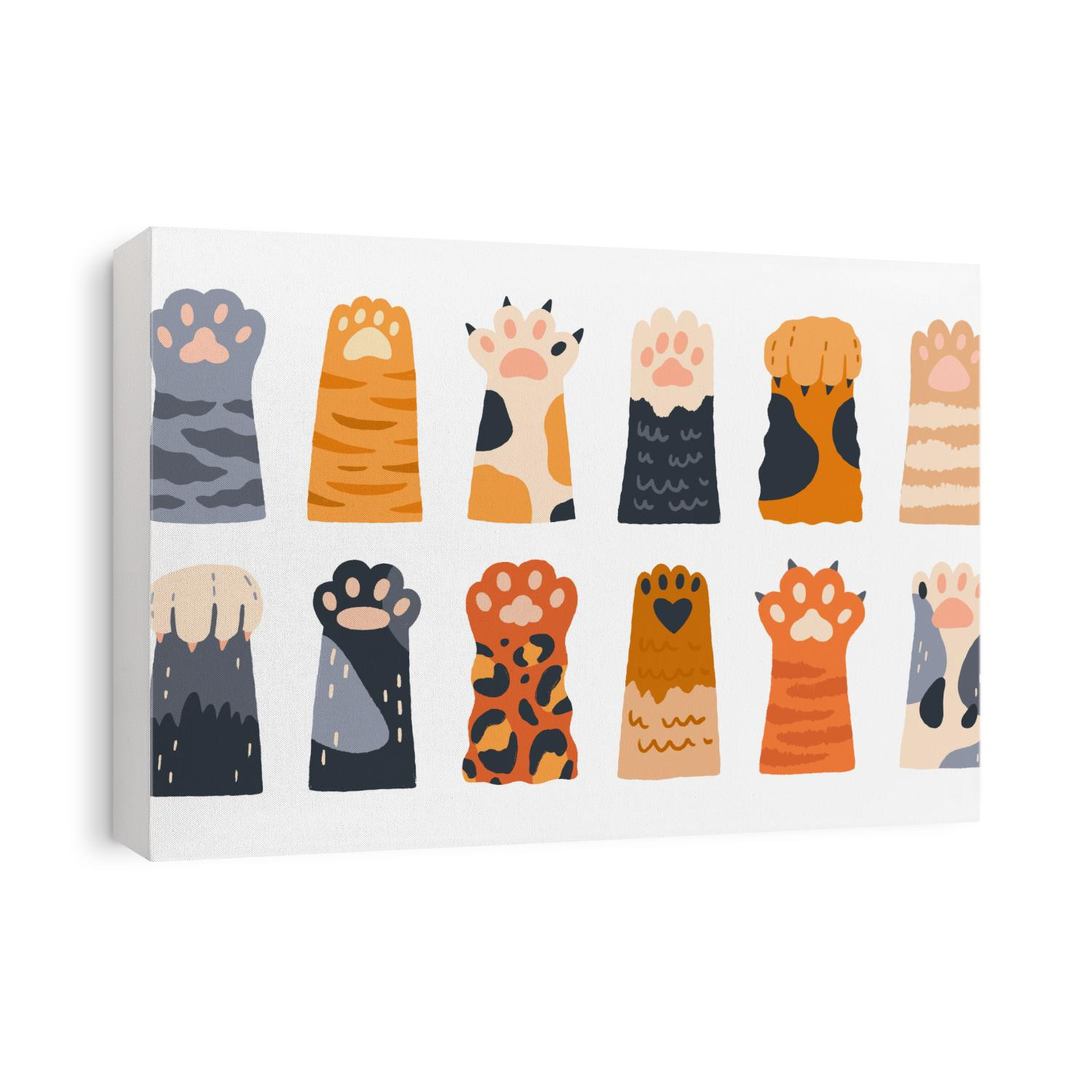 Different cartoon colored cat paws set vector graphic illustration. Collection of various cute cartoon domestic animal foot isolated on white background. Funny fur pet dangerous claws