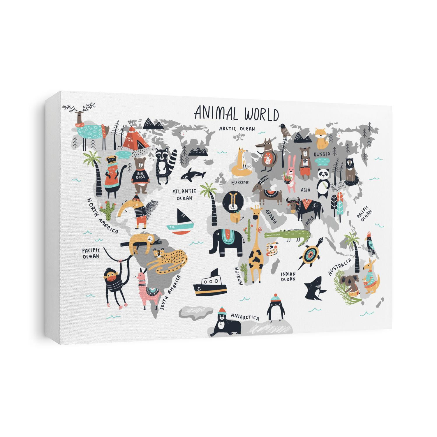 Animal World Map - cute cartoon hand drawn nursery print in scandinavian style. Vector illustration.