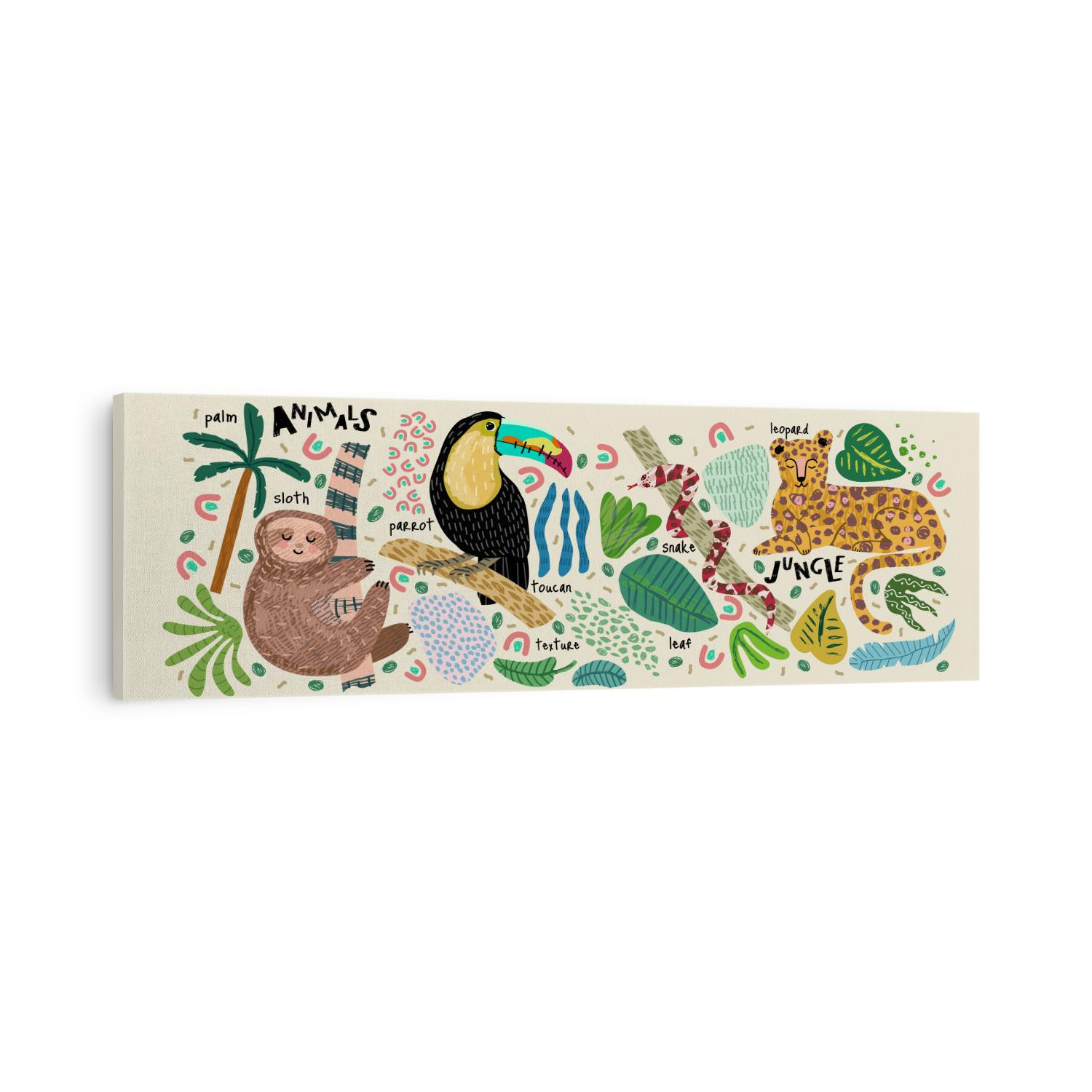 Abstract jungle! Vector illustrations of animals (sloth, snake, leopard, parrot toucan), leaves, spots, objects and textures. Hand-drawn art for poster, card or background
 
