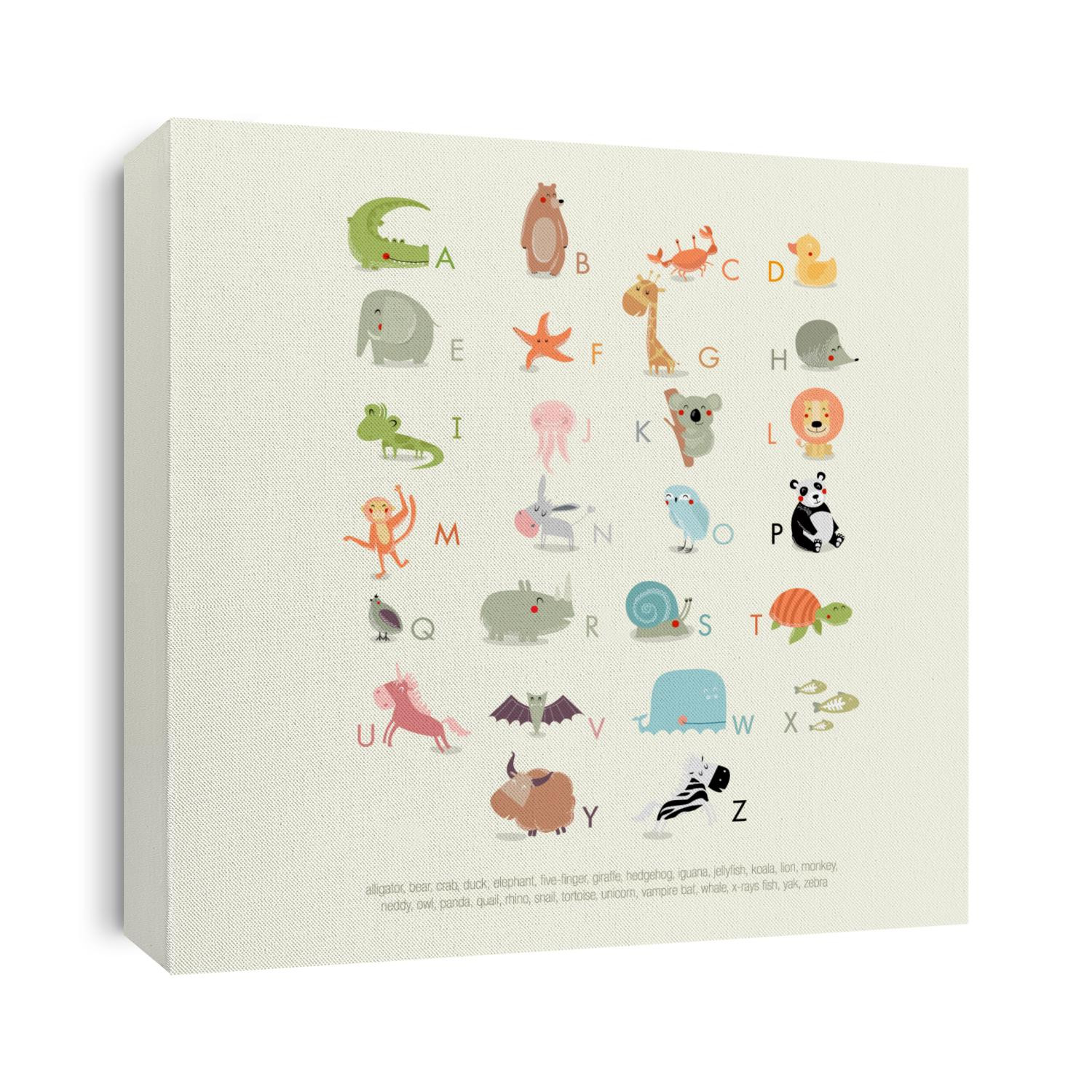 Vector English alphabet for children with cute animals. The crocodile, bear, whale, koala, panda, giraffe, elephant, yak, zebra, rhino, owl, duck, hedgehog, lion, turtle. It can be used as poster 