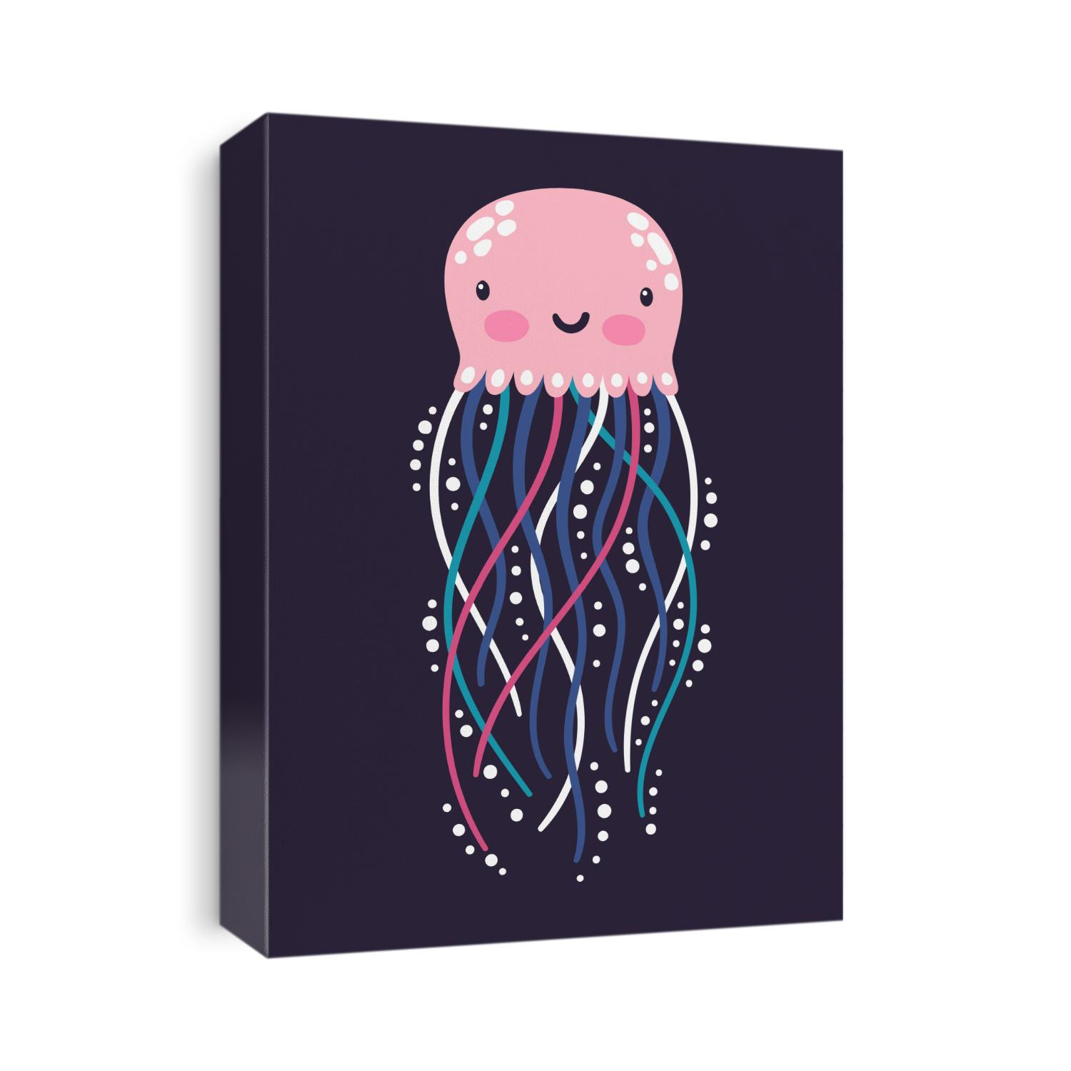 Vector illustration of jellyfish. Cute cartoon character is isolated on dark blue.