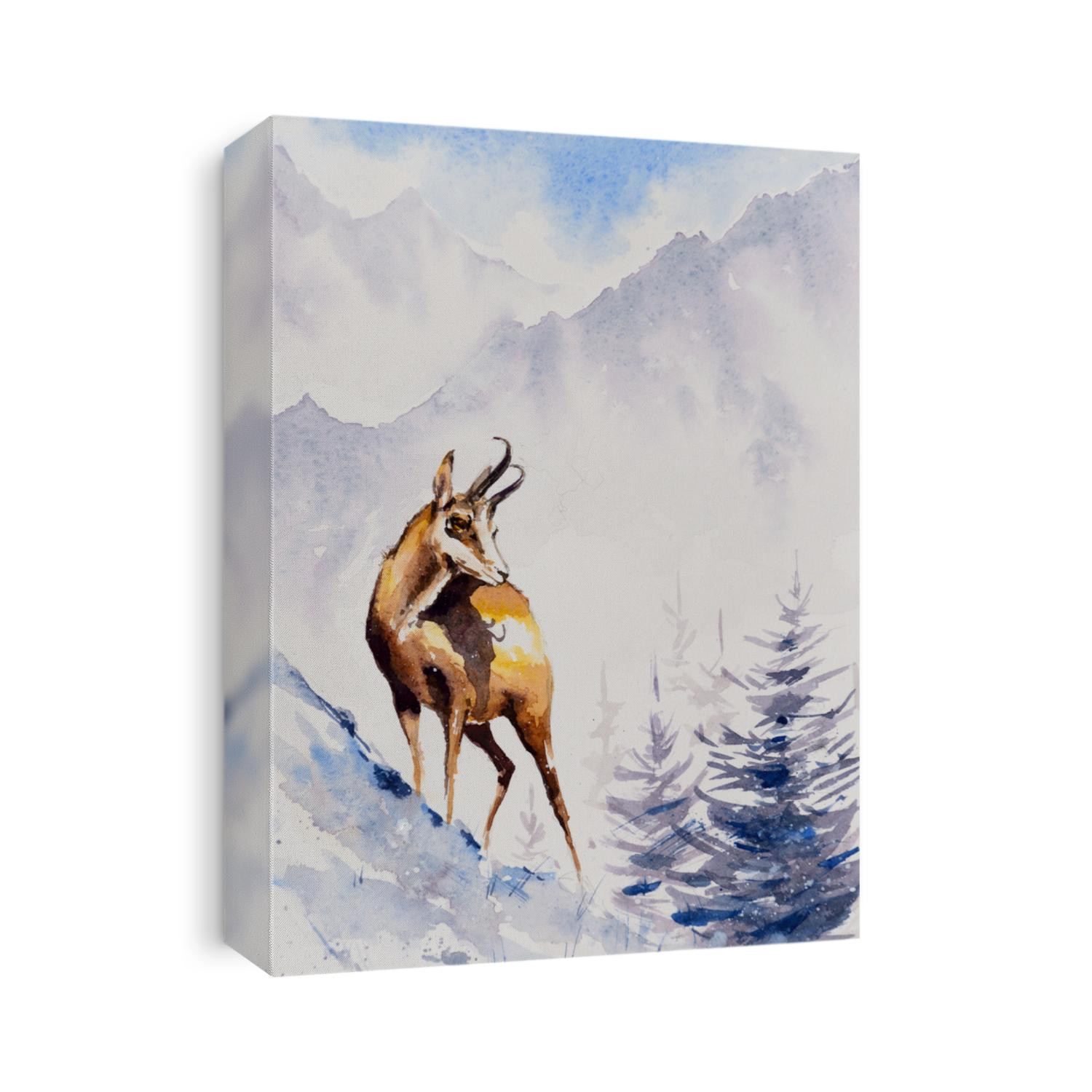 A chamois on a mountain slope in a winter scenery. Picture painted with watercolors.