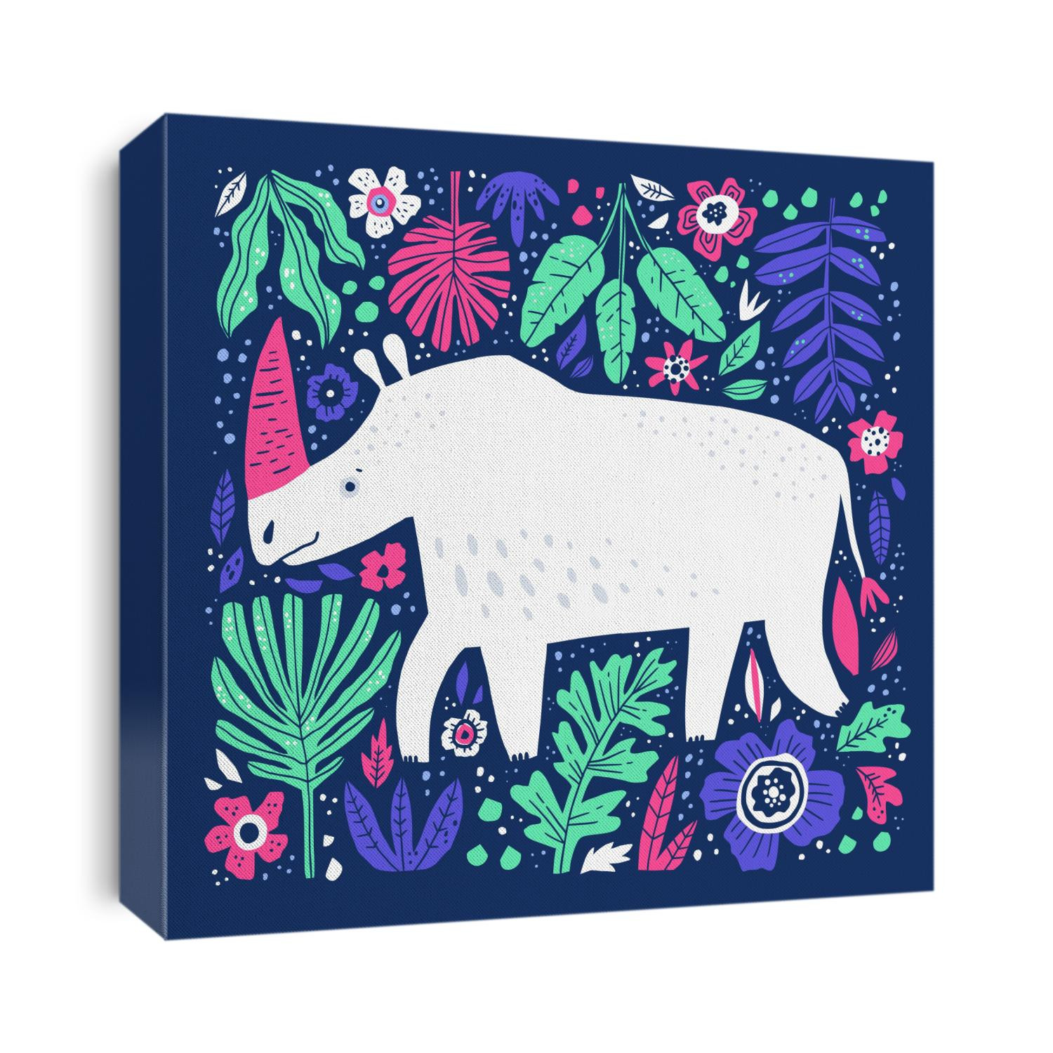 Cute white rhino hand drawn vector illustration. Friendly rhinoceros cartoon character. Adorable african animal with pink horn isolated on blue background. Childish t shirt print design