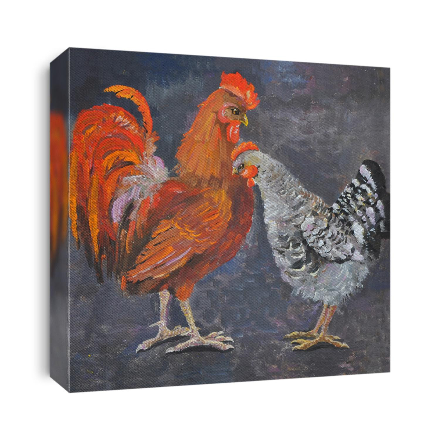 standing rooster and hen, oil painting picture