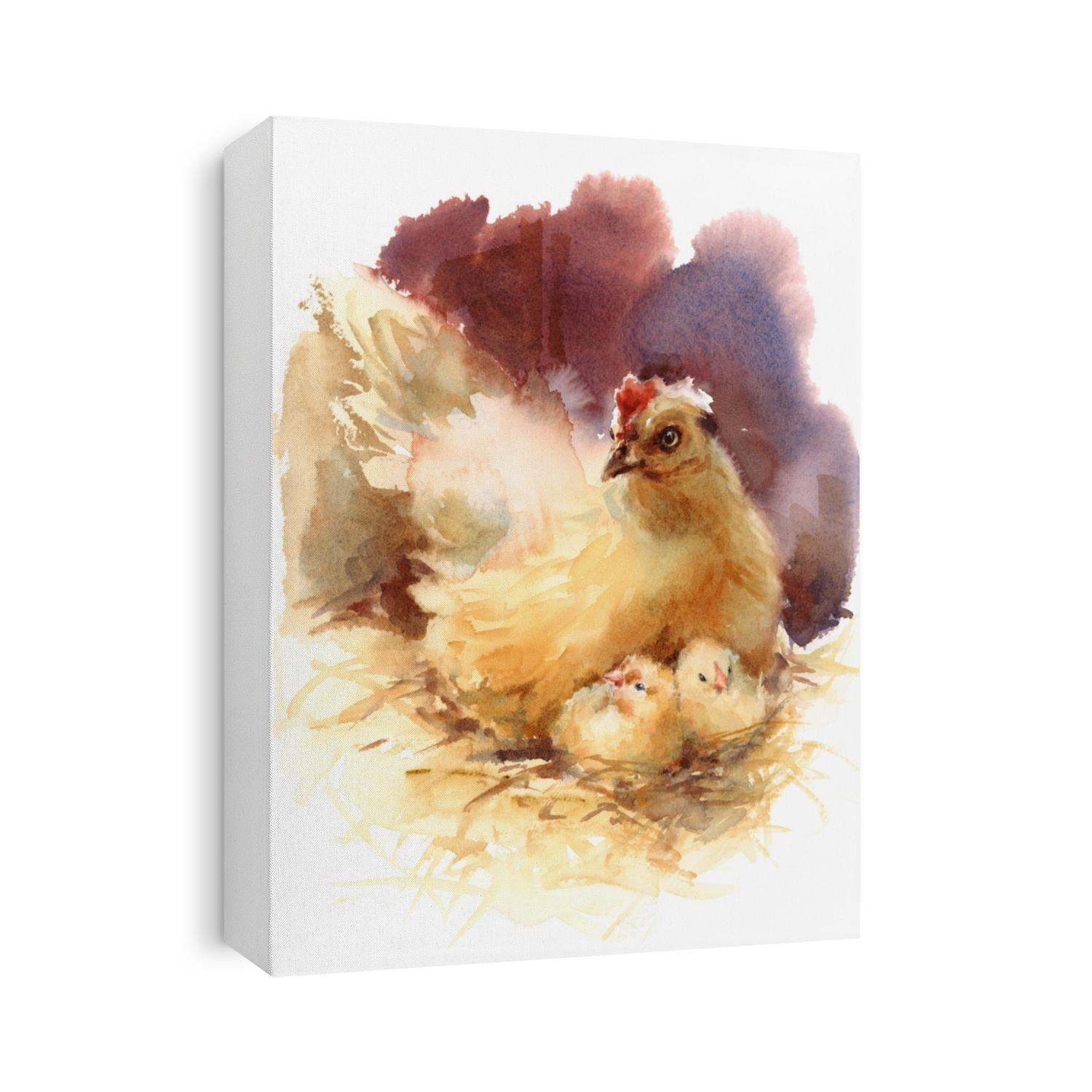 Watercolor Farm Bird Mother Chicken with Babies Hand Painted Easter Illustration