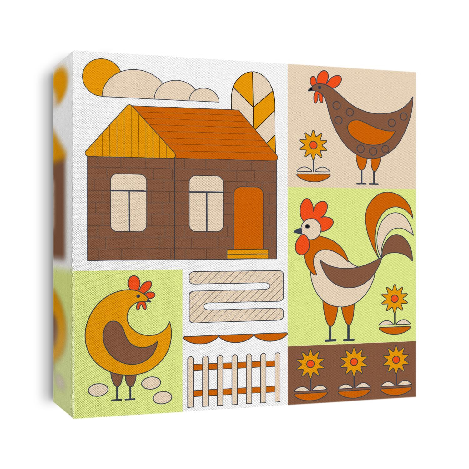 Rooster and two hens, eggs, flowers, house, drawing on a white background. abstract, hand drawn, clipart,  concept, banner, postcard, vector illustration.