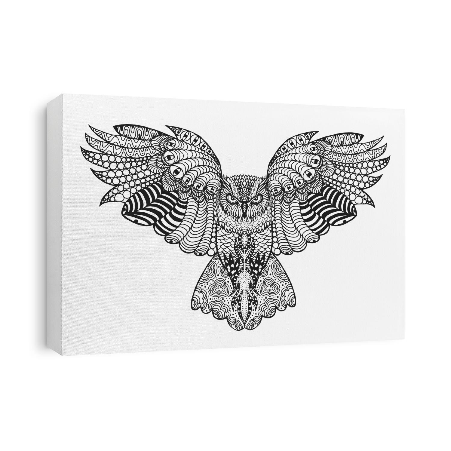 Eagle owl. Birds. Black white hand drawn doodle. Ethnic patterned vector illustration. African, indian, totem, tribal, design. Sketch for adult antistress coloring page, tattoo, poster, print, t-shirt