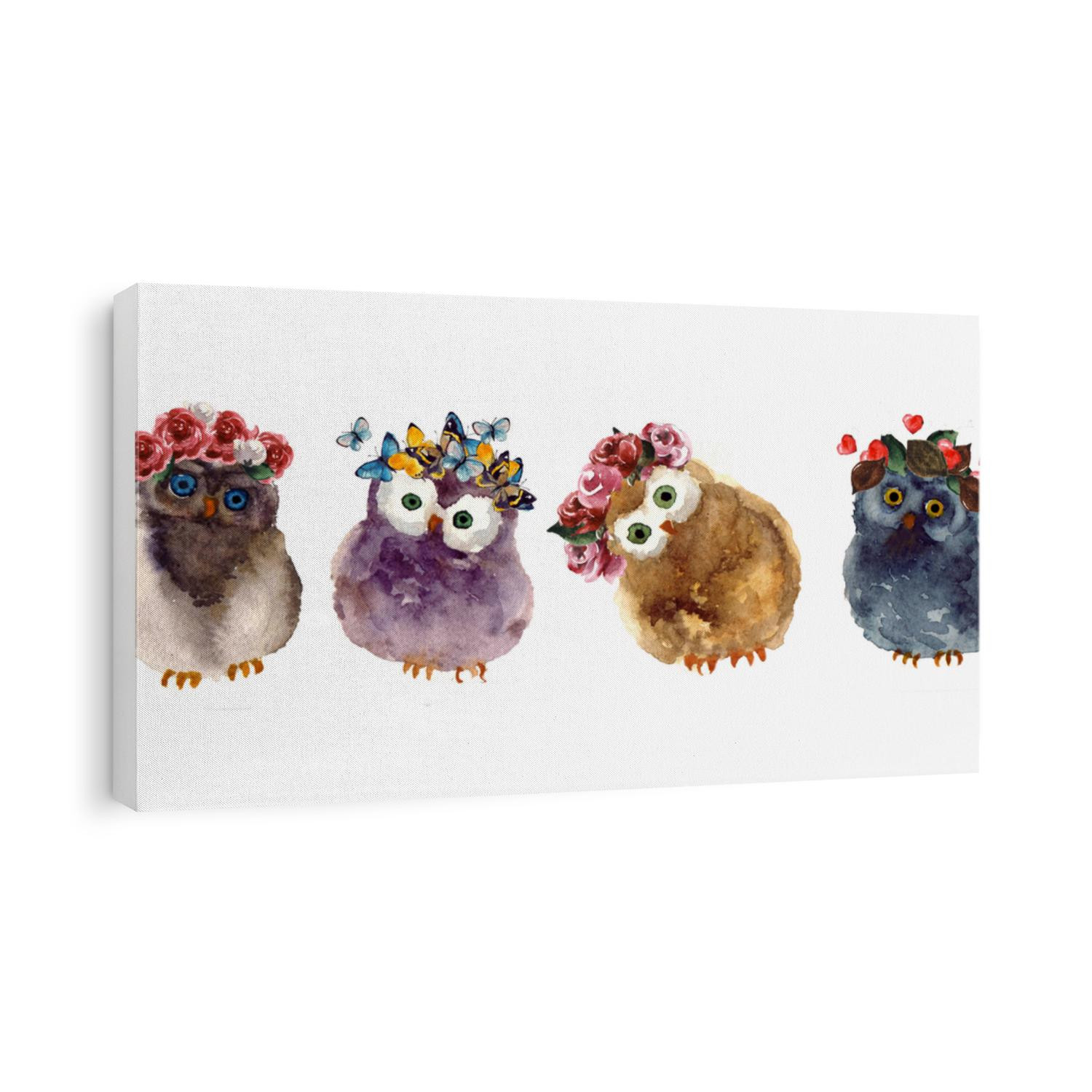 Watercolor owls with butterfly and flower. Isolated illustration for your design.Animal watercolor silhouette sketch. Hand draw art illustration.Graphic for fabric,tee-shirt, postcard, greeting card, 