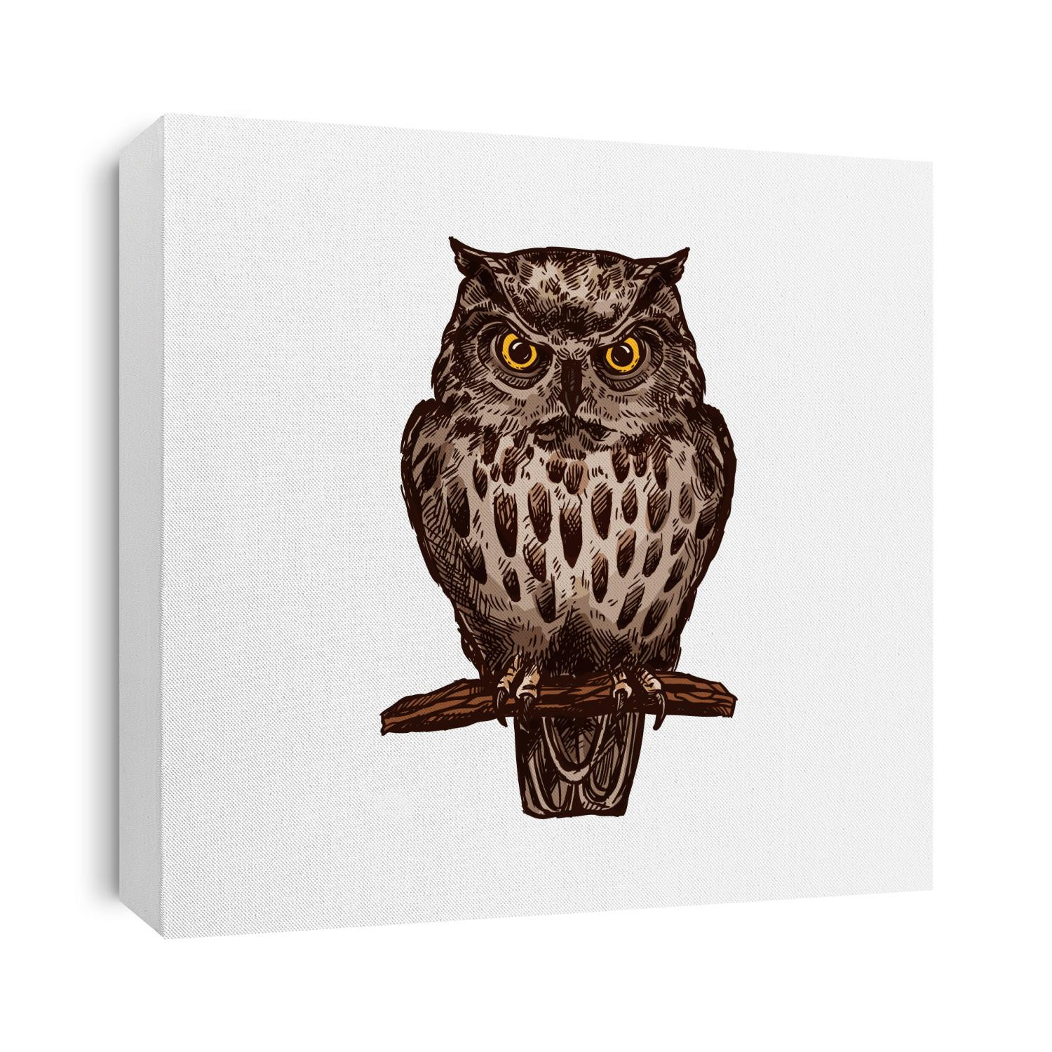 Owl or eagle-owl bird sketch vector isolated icon. Wild forest feathered nocturnal predatory bird of prey sitting on branch. Wildlife fauna and zoology symbol for zoo nature adventure club