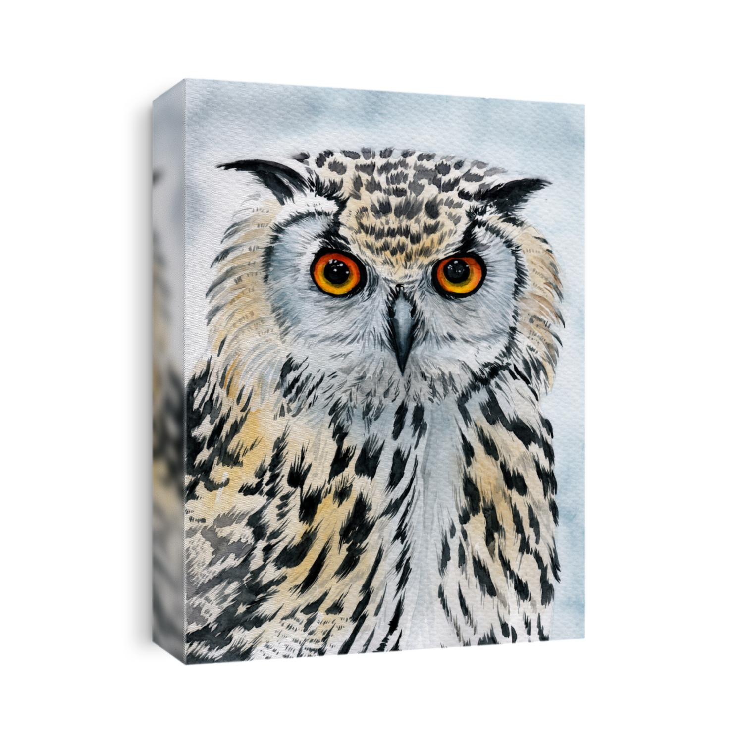 Watercolor illustration of an owl with spotted contrasting white and black feathers and bright amber yellow eyes