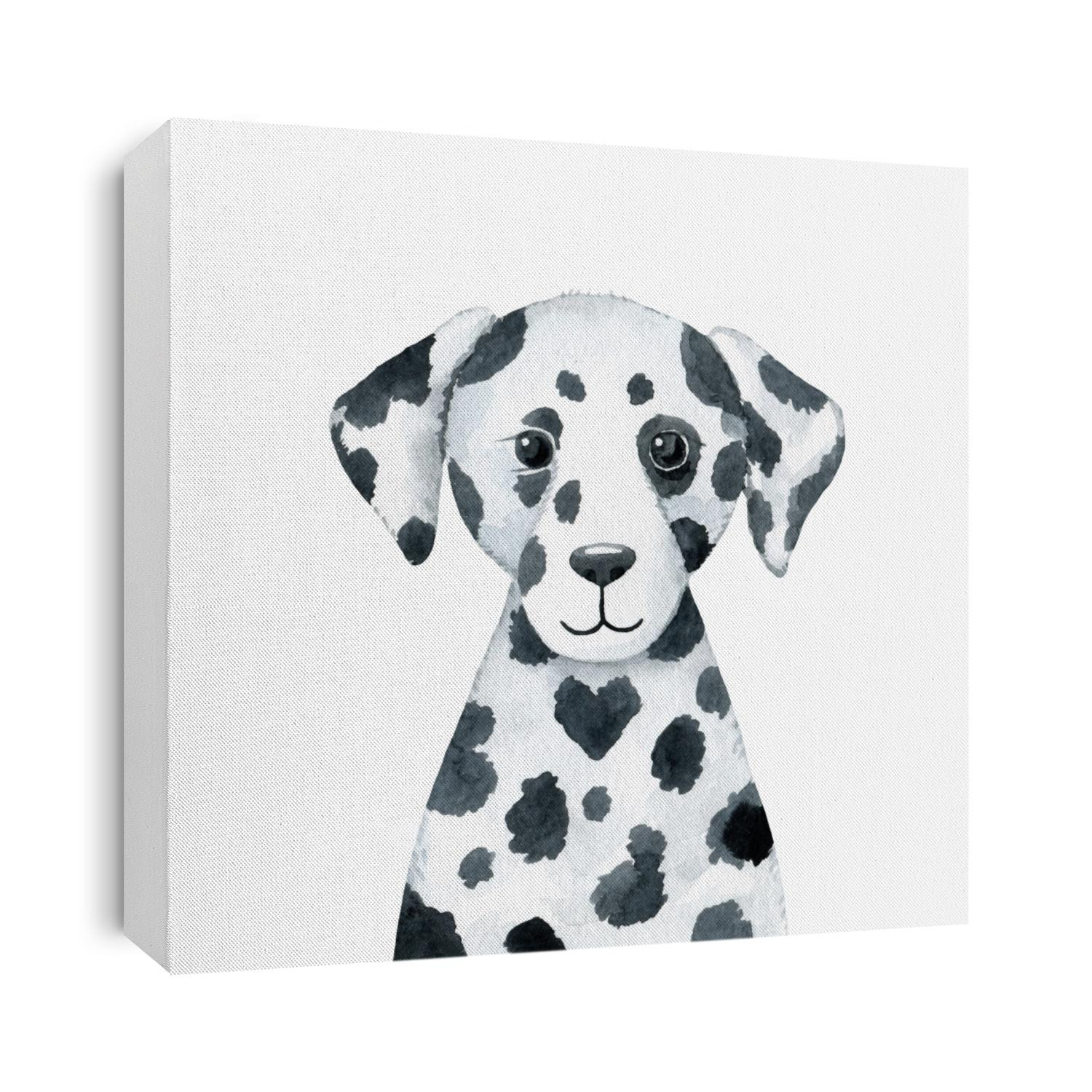 Dog - watercolor illustration isolated on white background. Hand drawn dalmatian puppy character, front view. Black and white, monochrome portrait. Print for t-shirts, apparel, posters, clothes.