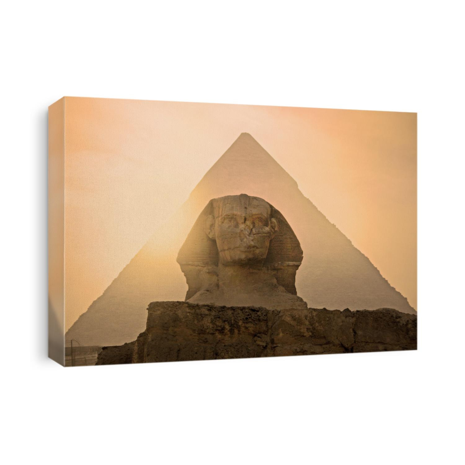 Sphinx in front of  Pyramid in Egypt. Giza pyramid complex. One of Seven Wonders of the World. 