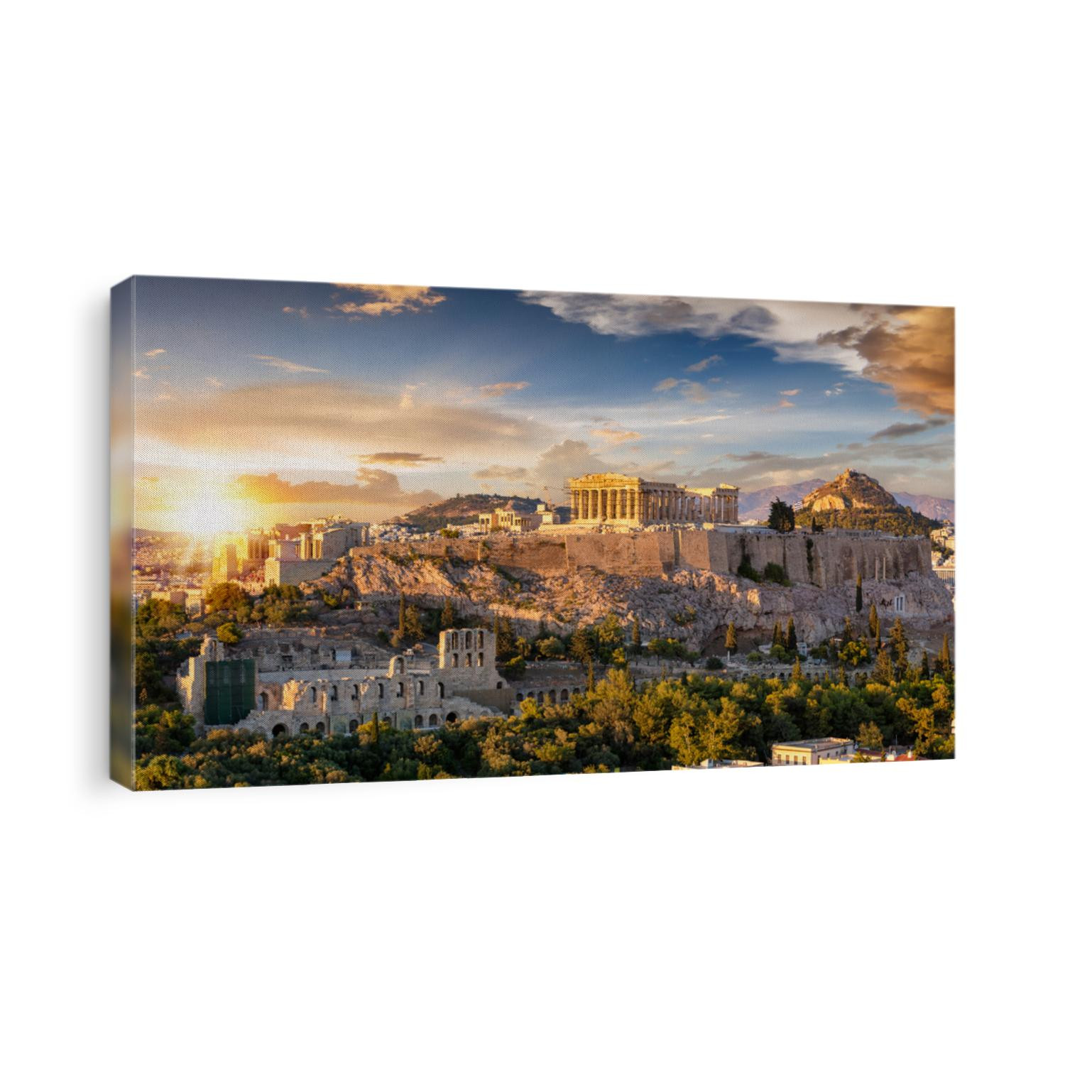 The Acropolis of Athens, Greece, with the Parthenon Temple on top of the hill during a summer sunset