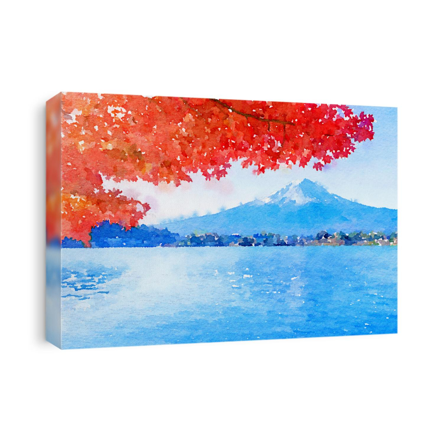 Beautiful watercolor landscape view of Mt.Fuji famous landmark at Japan in autumn.