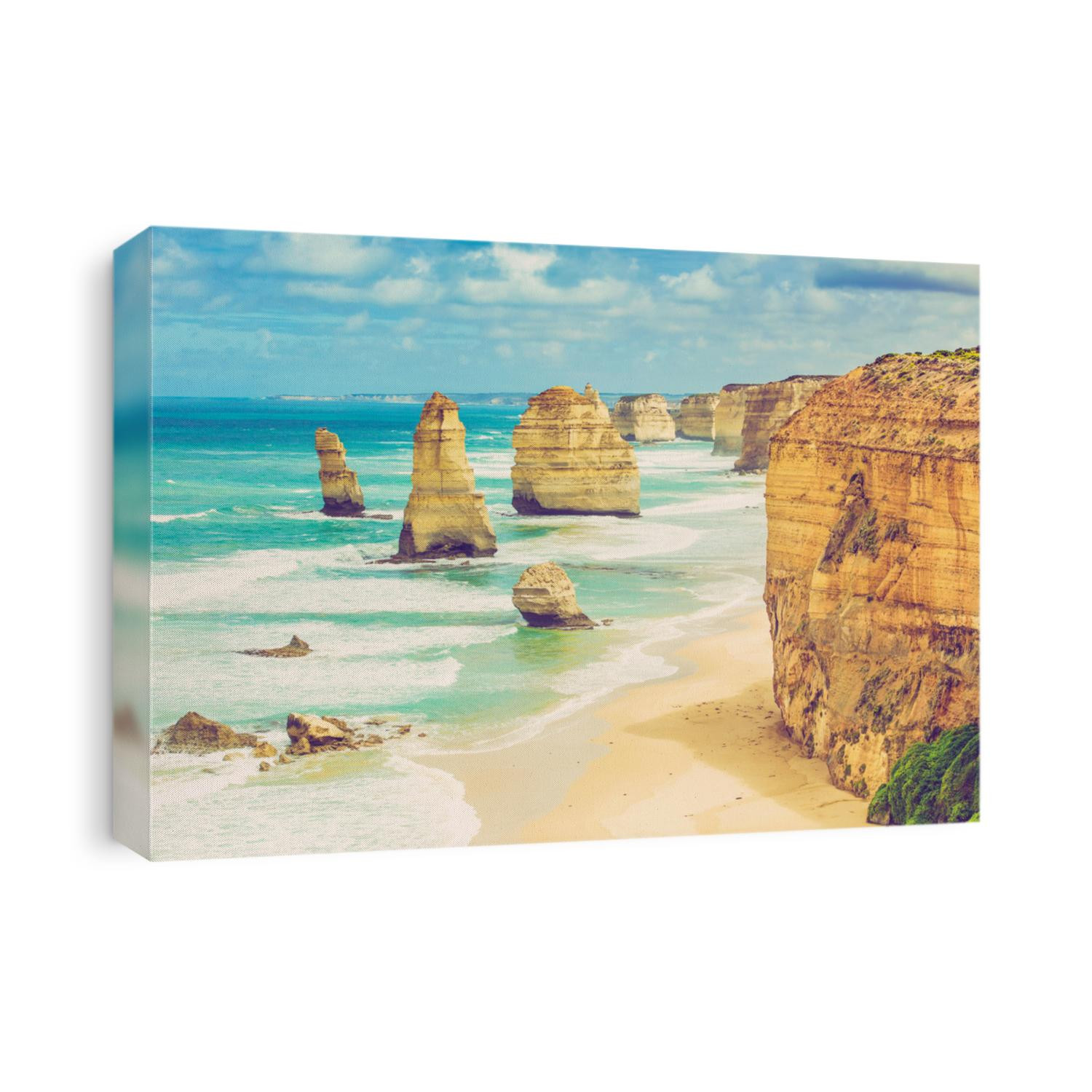 Twelve Apostles rock formations, Great Ocean Road, Victoria, Australia. Image has retro filter applied