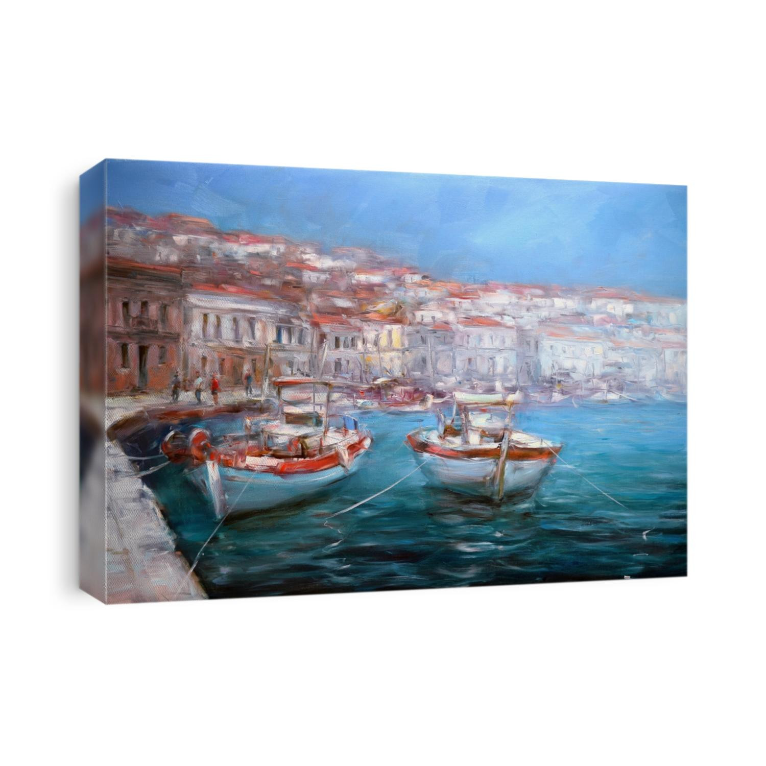 Boats on the island harbor,handmade oil painting on canvas