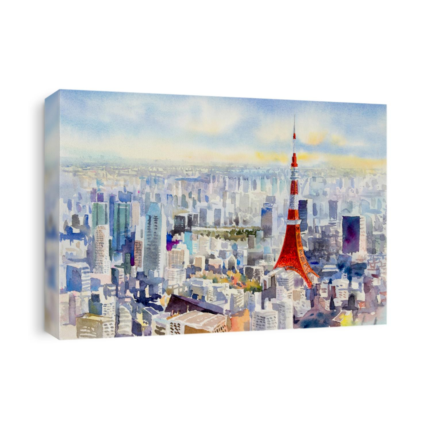 Tokyo tower, Famous landmark of Japan. Watercolor painting landscape colorful of business city, tourism traveling in beautiful spring season and bule color skyline background. Hand drawn illustration.