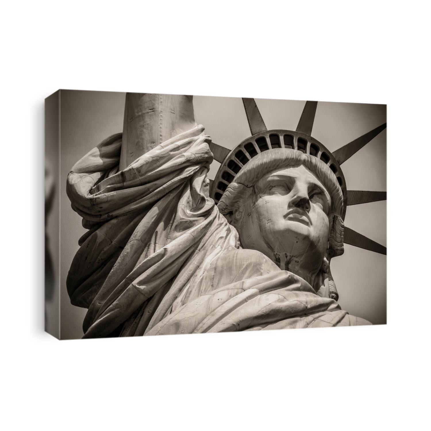 Close-up shot of the Statue of Liberty in black and white.