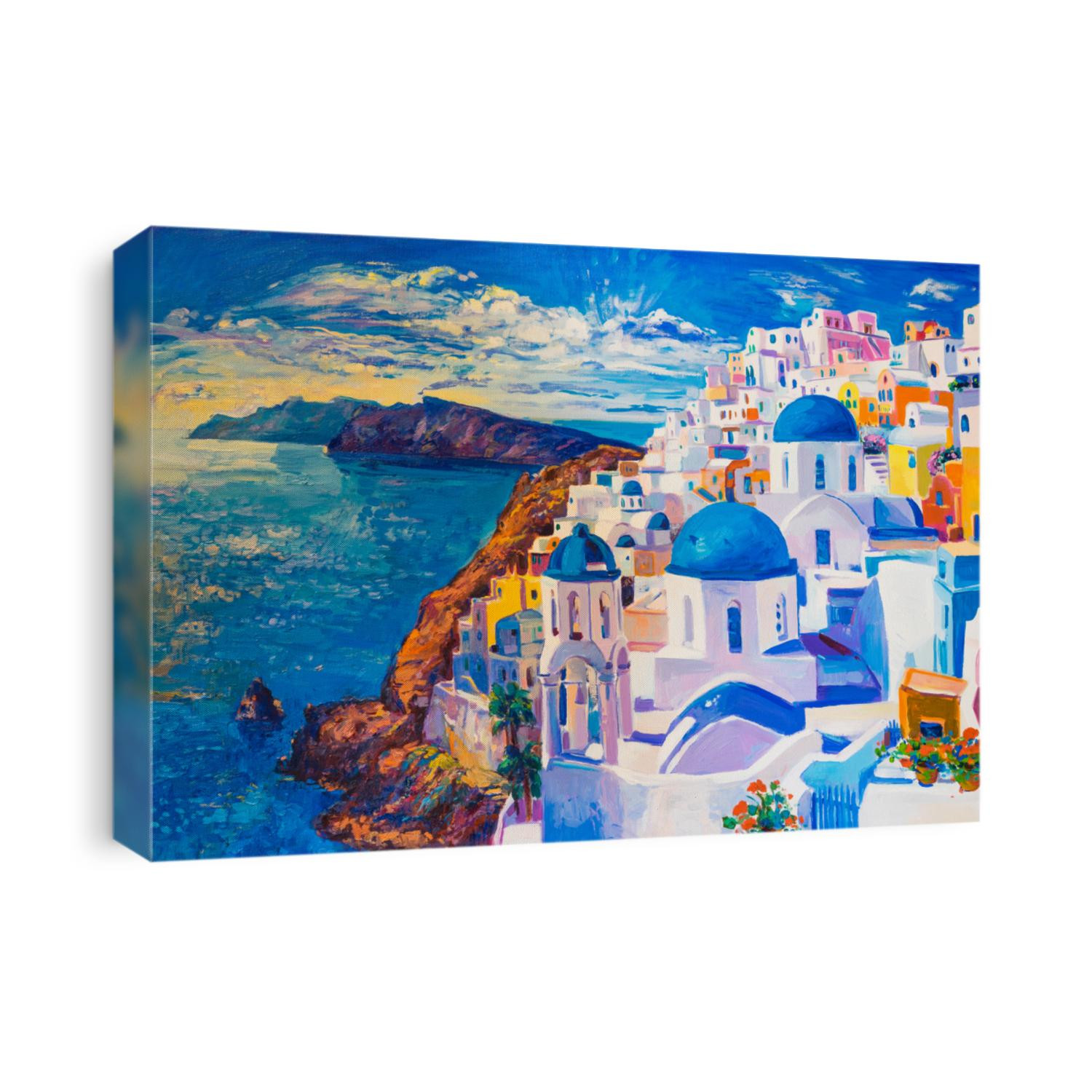 Original oil painting on canvas. Beautiful view from Santorini. Modern art.